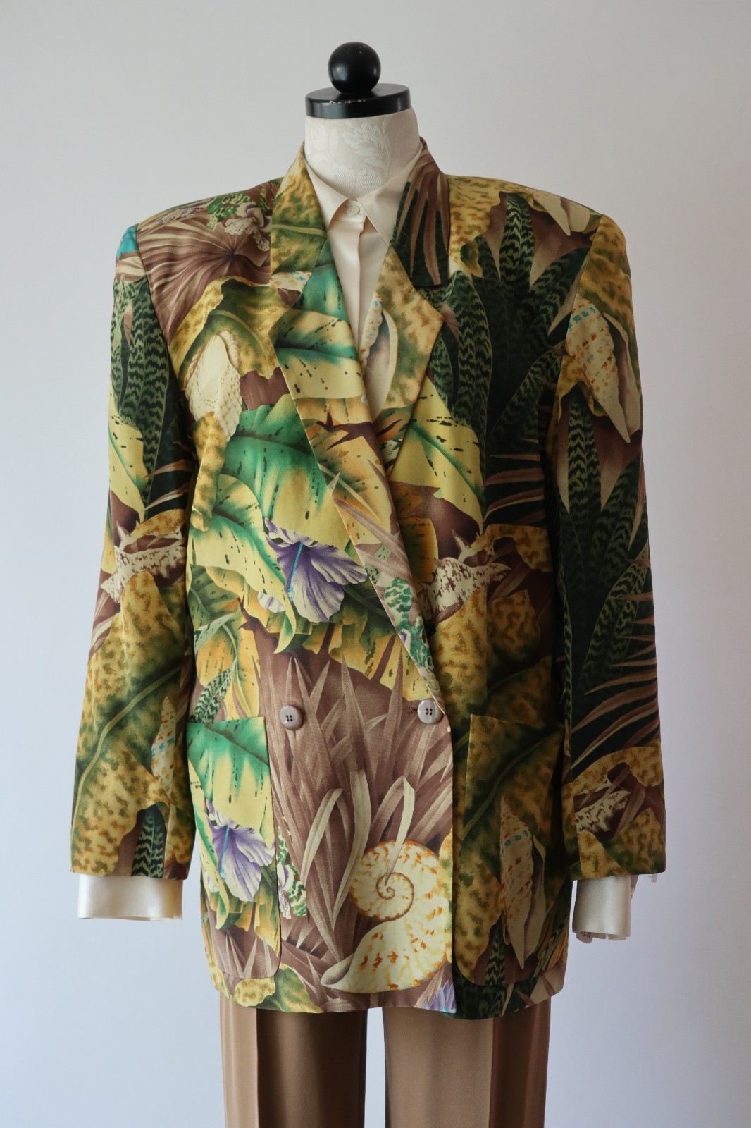 90s Linda Allard Green Brown Silk Tropical Seashells Oversized Blazer Women S M