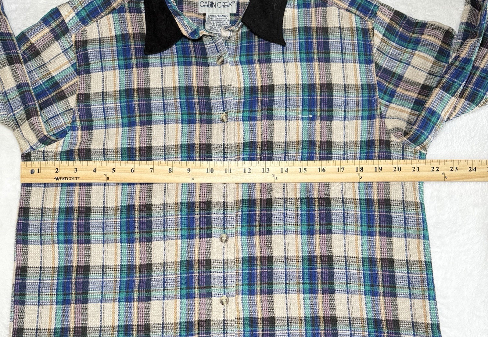 Vintage 90s Cabin Creek Plaid Button Up Shirt Black Contrast Collar Women Size L