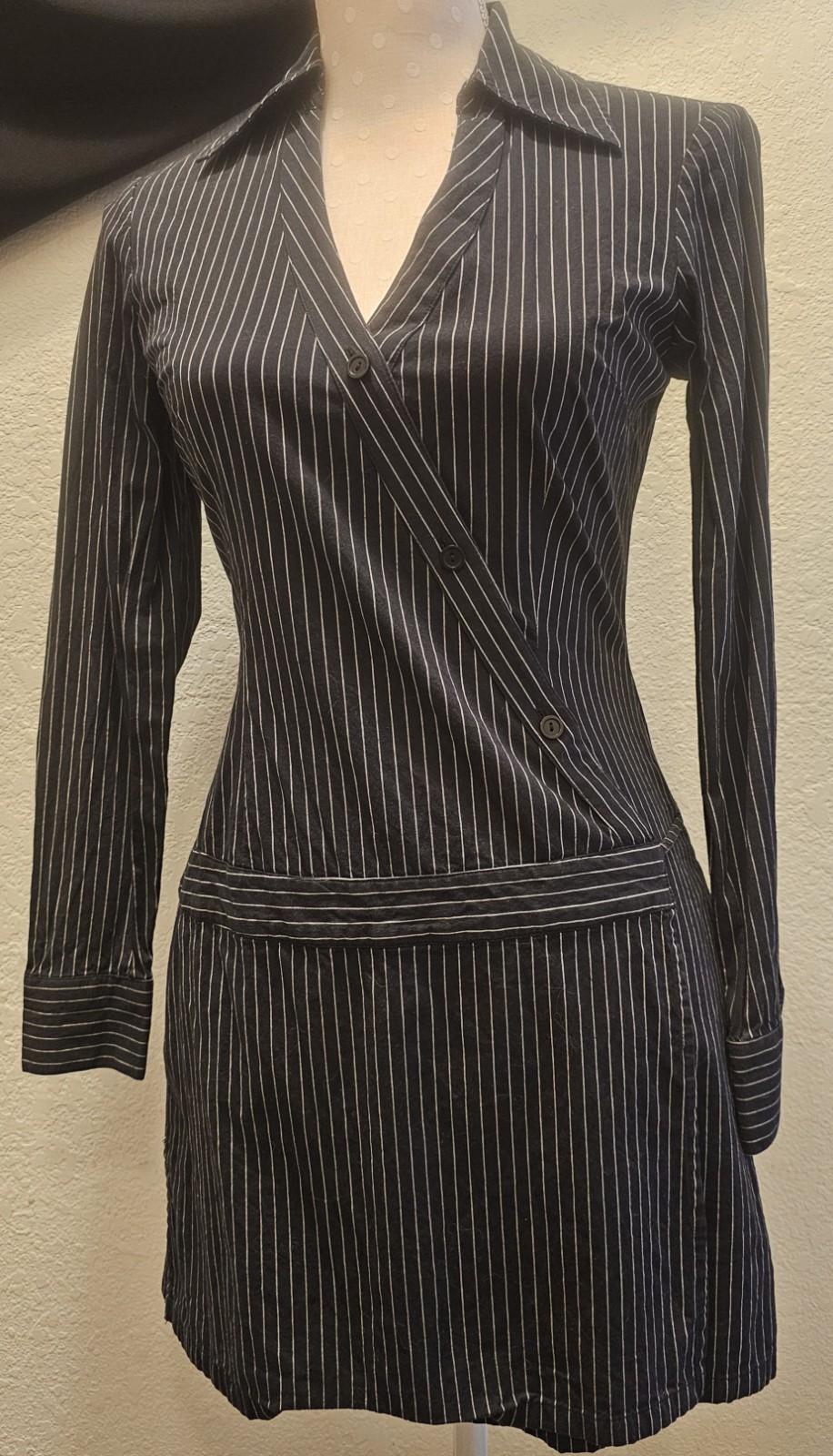 Y2K Vintage Aqua Blues Pinstripe Mini Dress Sz 5 Longsleeve Wrap dress