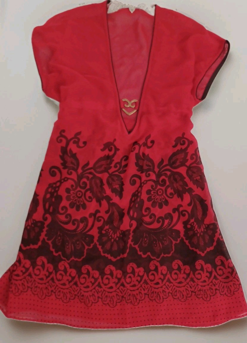 Vintage Deep V Y2K Sheer Red Babydoll Mini Dress Tunic Sz L Fairy Grunge Baroque