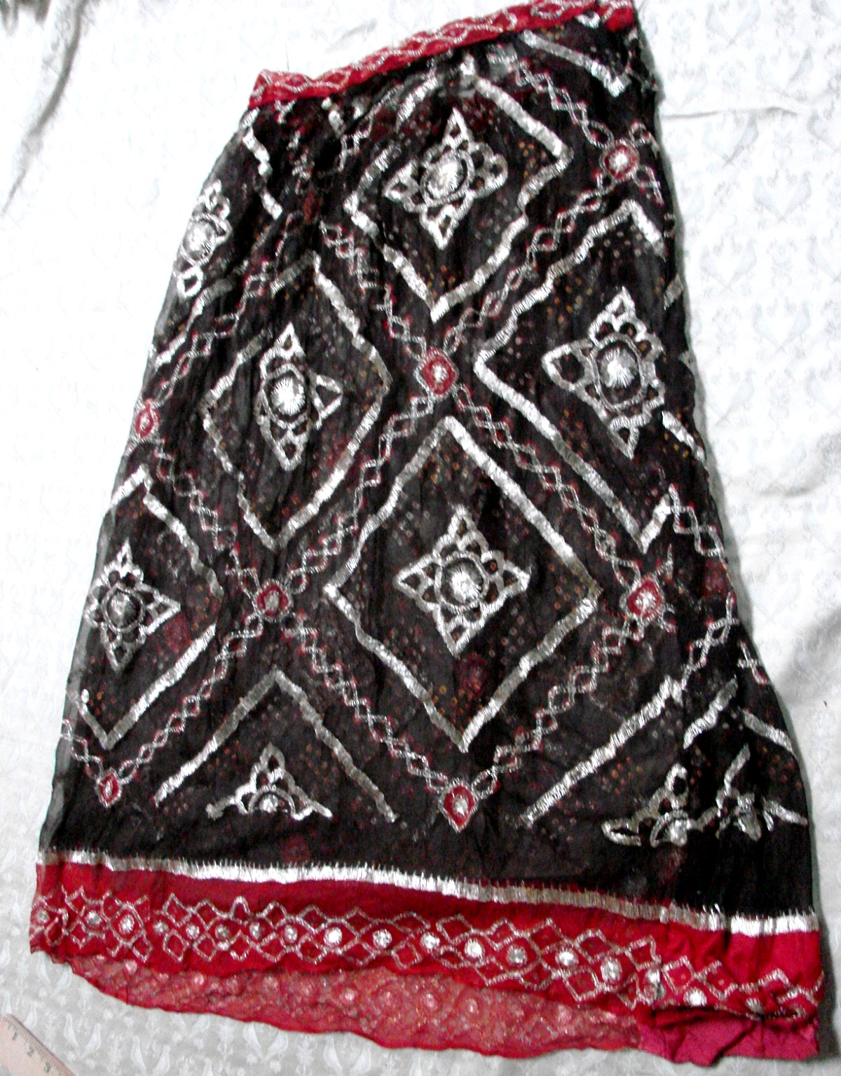 VTG Long Skirt GOLD METALLIC Embroidery Sheer Red Brown EC Overskirt w26 S Belly