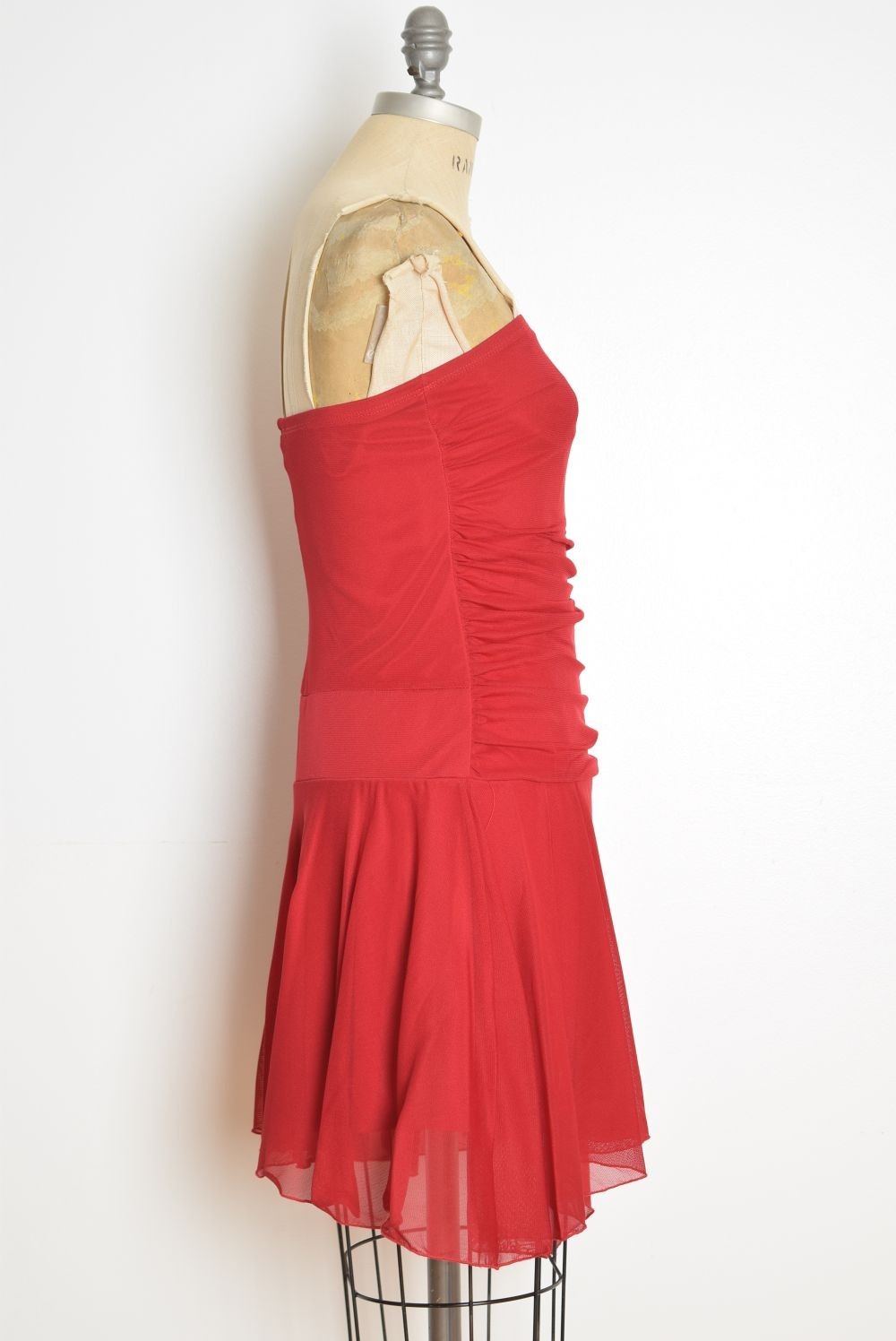 vintage Y2K party dress red mesh fairy strapless asymmetrical club Hot Kiss XS
