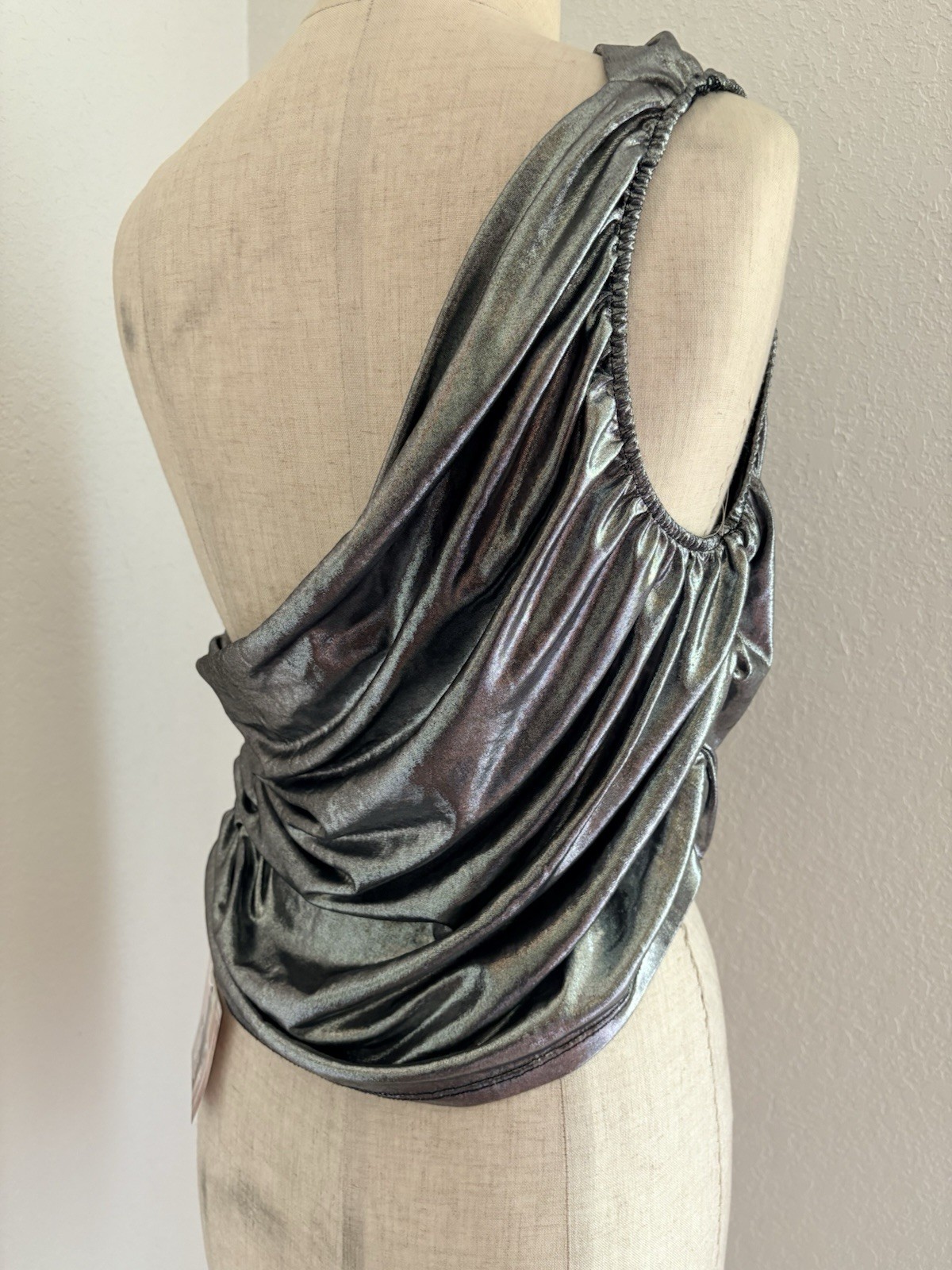 VTG WearEver Top One Shoulder Going Out Top Metallic Silver Lame Slinky Crop Y2K