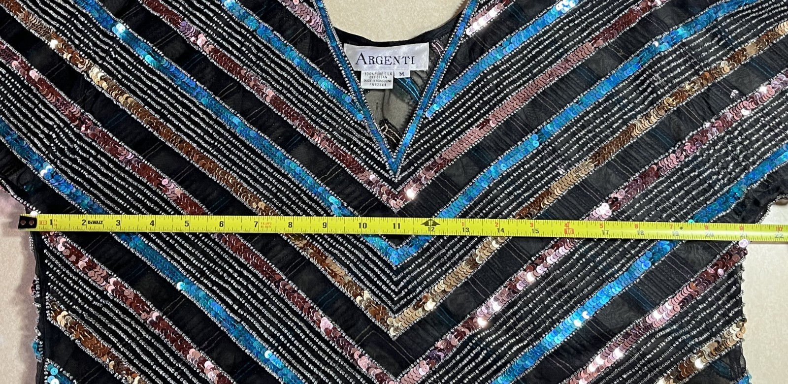 1980s Club Scene Black & Blue & Silver Sequin Silk Blouse by Argenti Size Medium