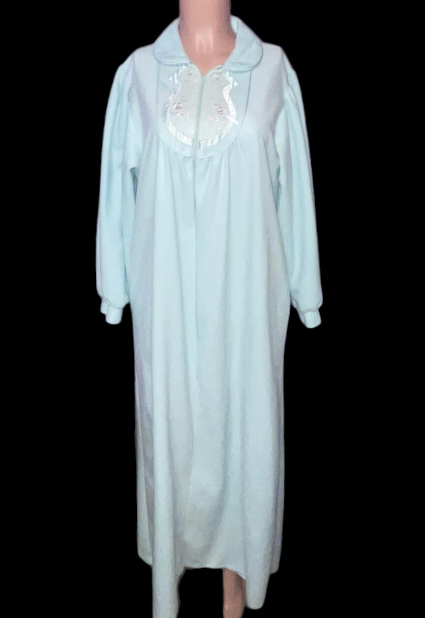 SEARS Blue Super Soft Lace Embroidery Zip Long Nightgown Robe Womens M (12-14)