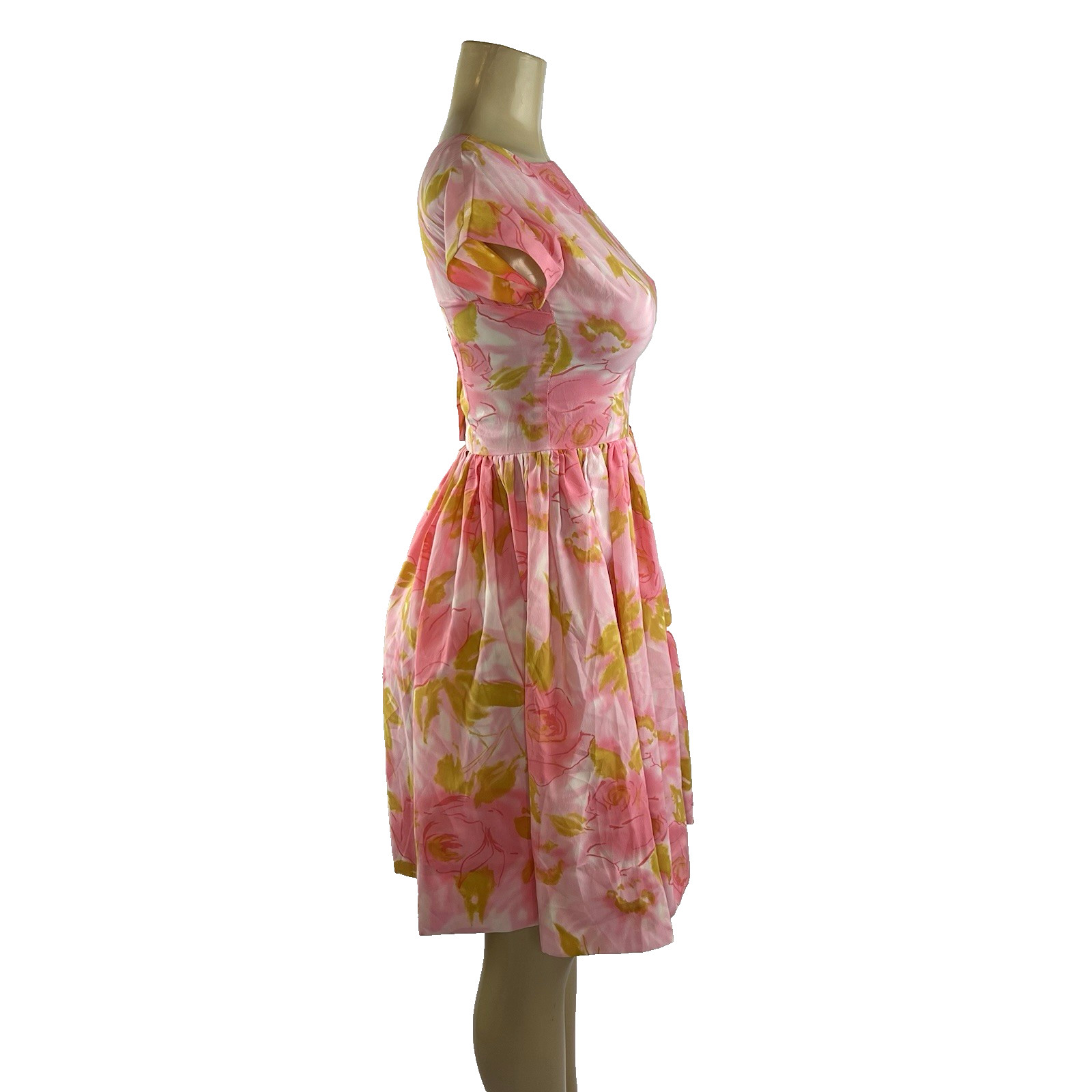 1950s Dress Vintage Pink Floral Rose Print Full Skirt A Line Retro Rockabilly