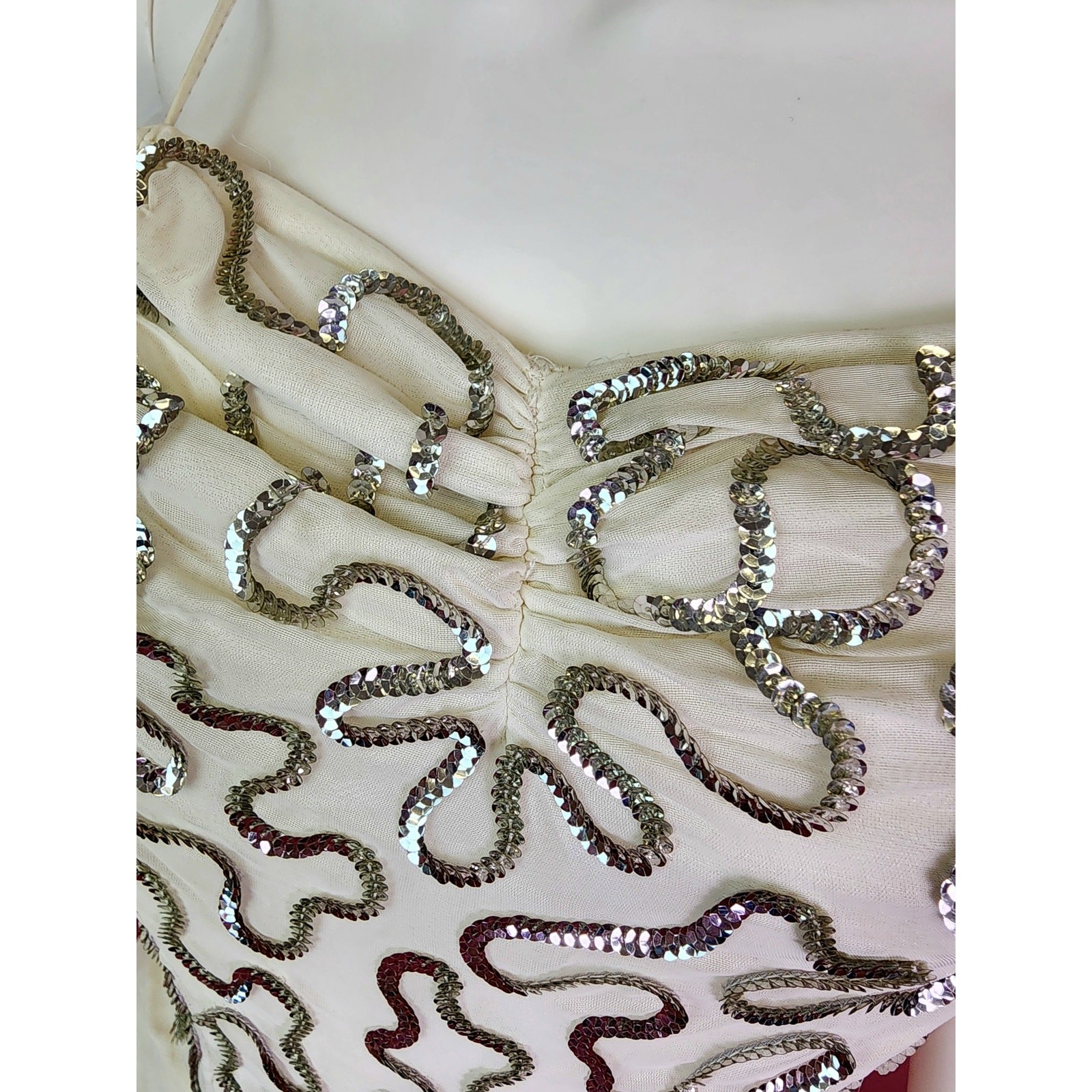 Vintage Late 1940’s White and Silver Sequin Bodice Chiffon Gown with Bow Back