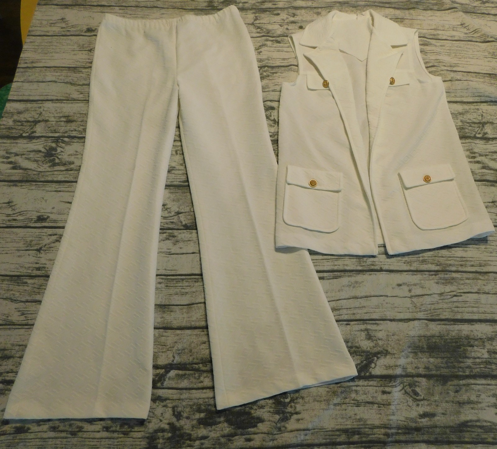 VTG 70’s POLY BELL BOTTOM PANTS TEXTURED OUTFIT SET VEST GROOVY WOMENS M/L DISCO