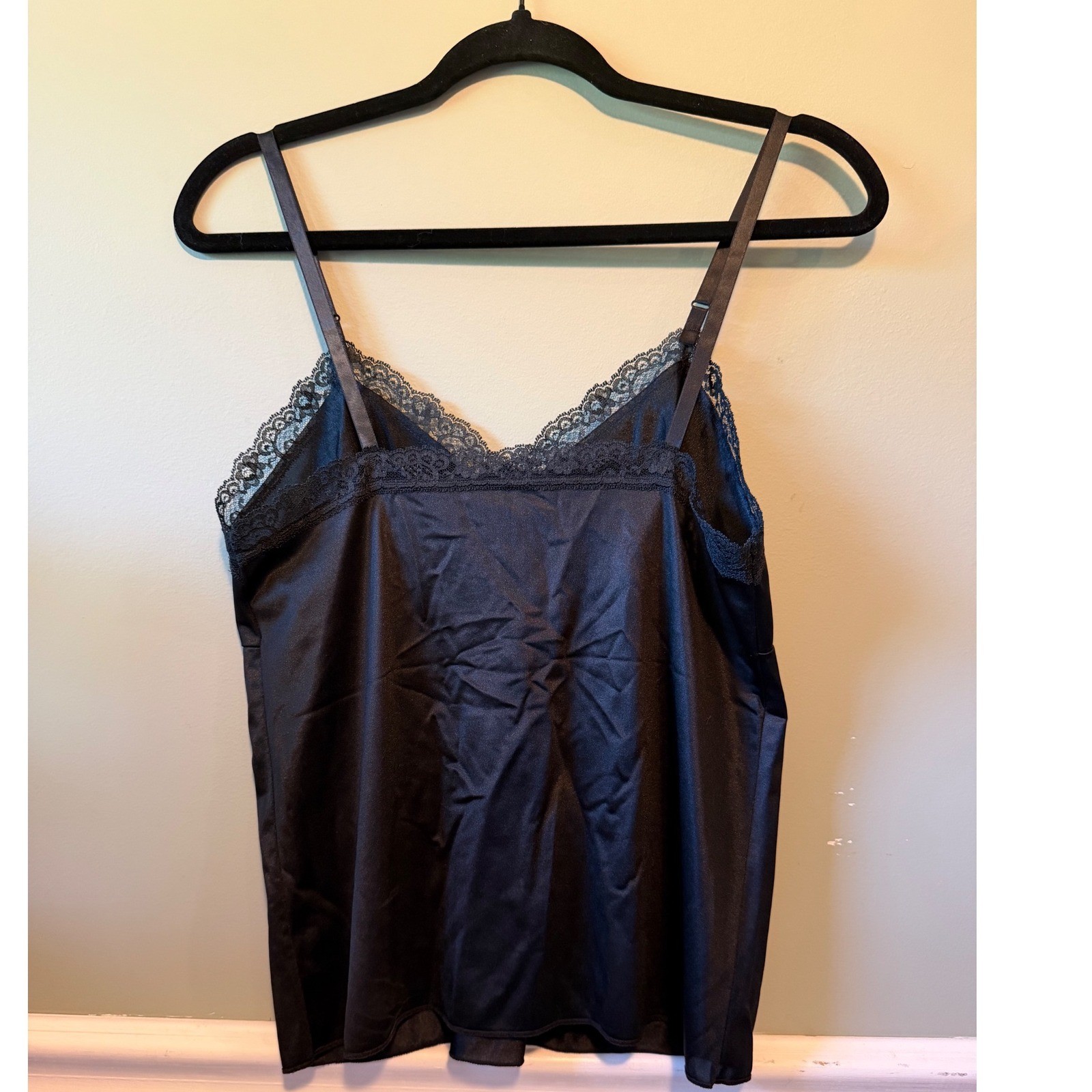 Vintage 1970s Deena Black Nylon Lingerie Camisole Top Lace Trim USA Made Size 36