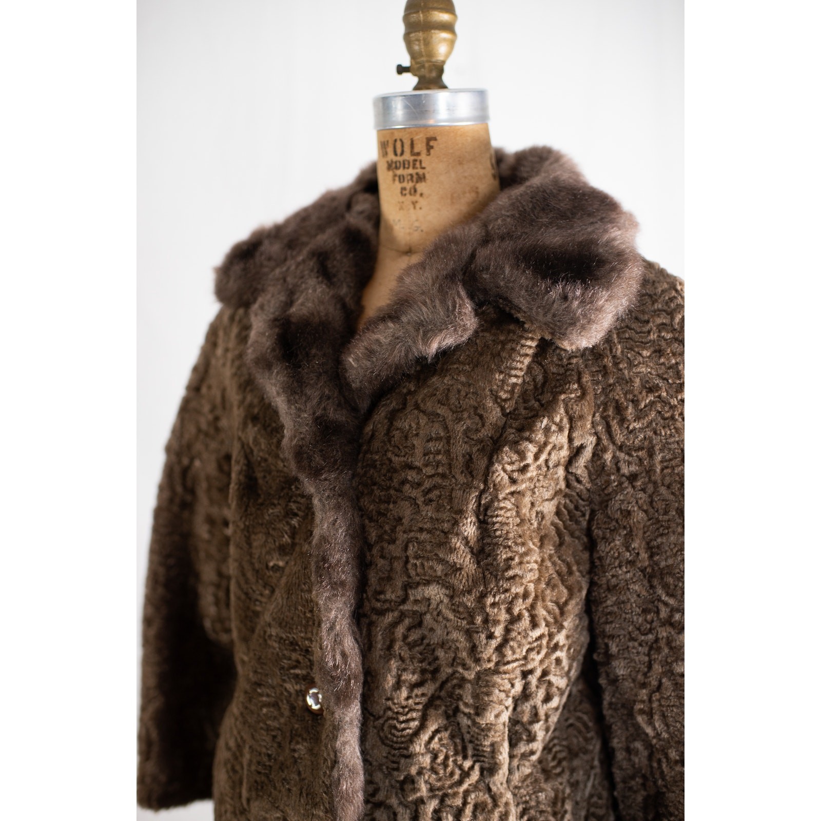 Vintage 1960s Brown Faux Curly Lamb Fur Swing Coat, Glam Old Money Jacket, S M