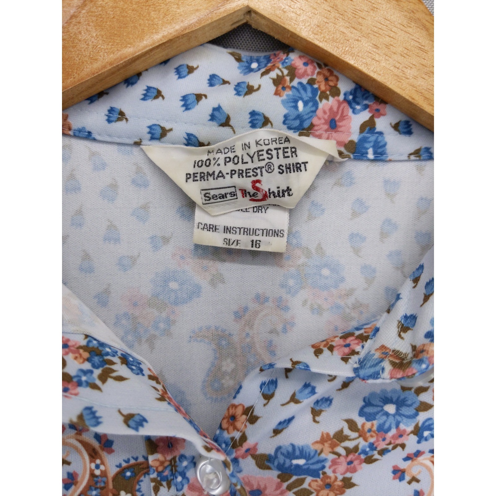 Vintage 70s Sears The Shirt Button Up Women 16 Blue Floral Paisley Short Sleeve