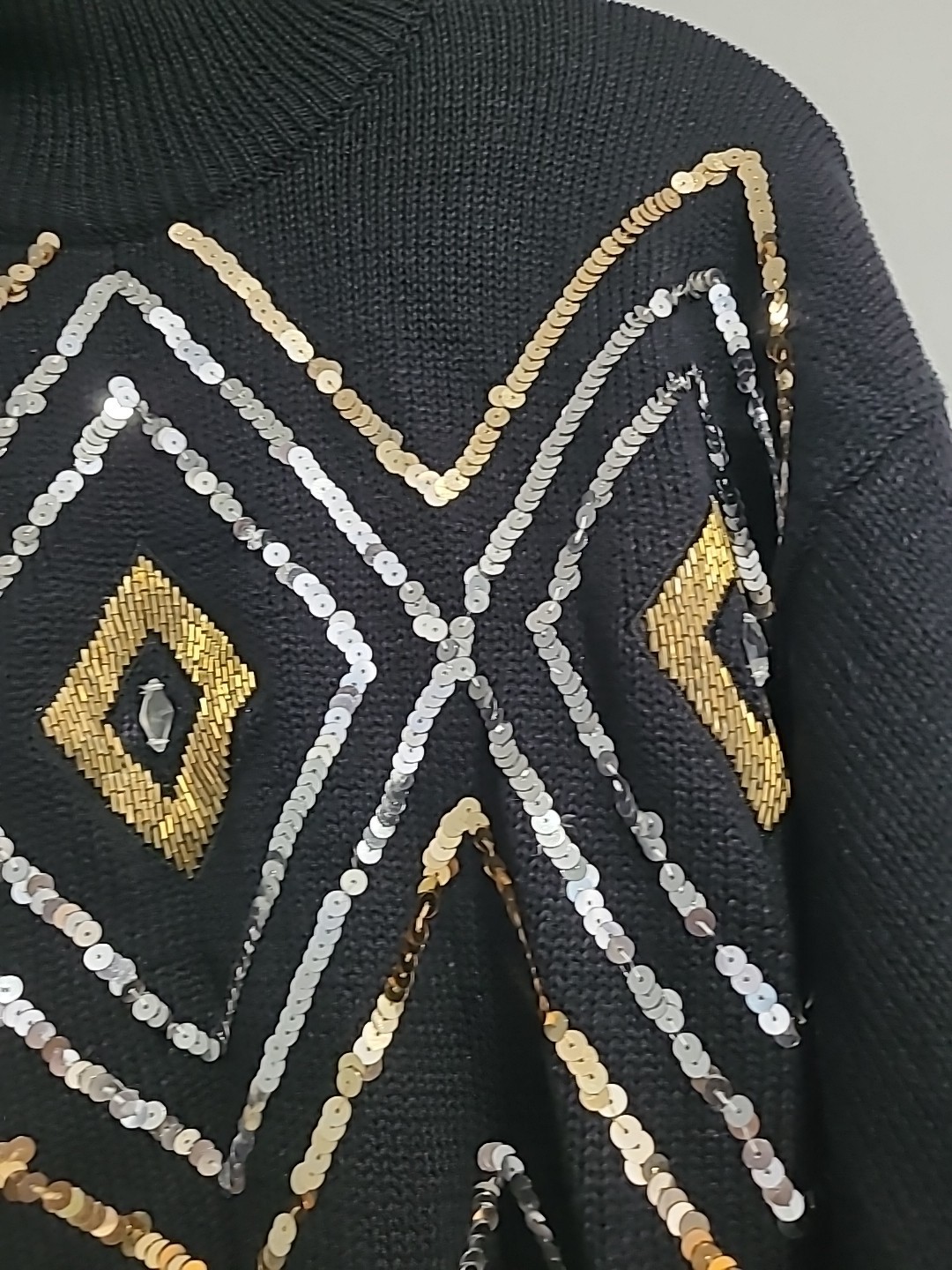 Vtg 80s I.B DIFFUSION WOMEN’S BLACK RHOMBUS SWEATER BEADED SEQUIN 52% Ramie Sz M