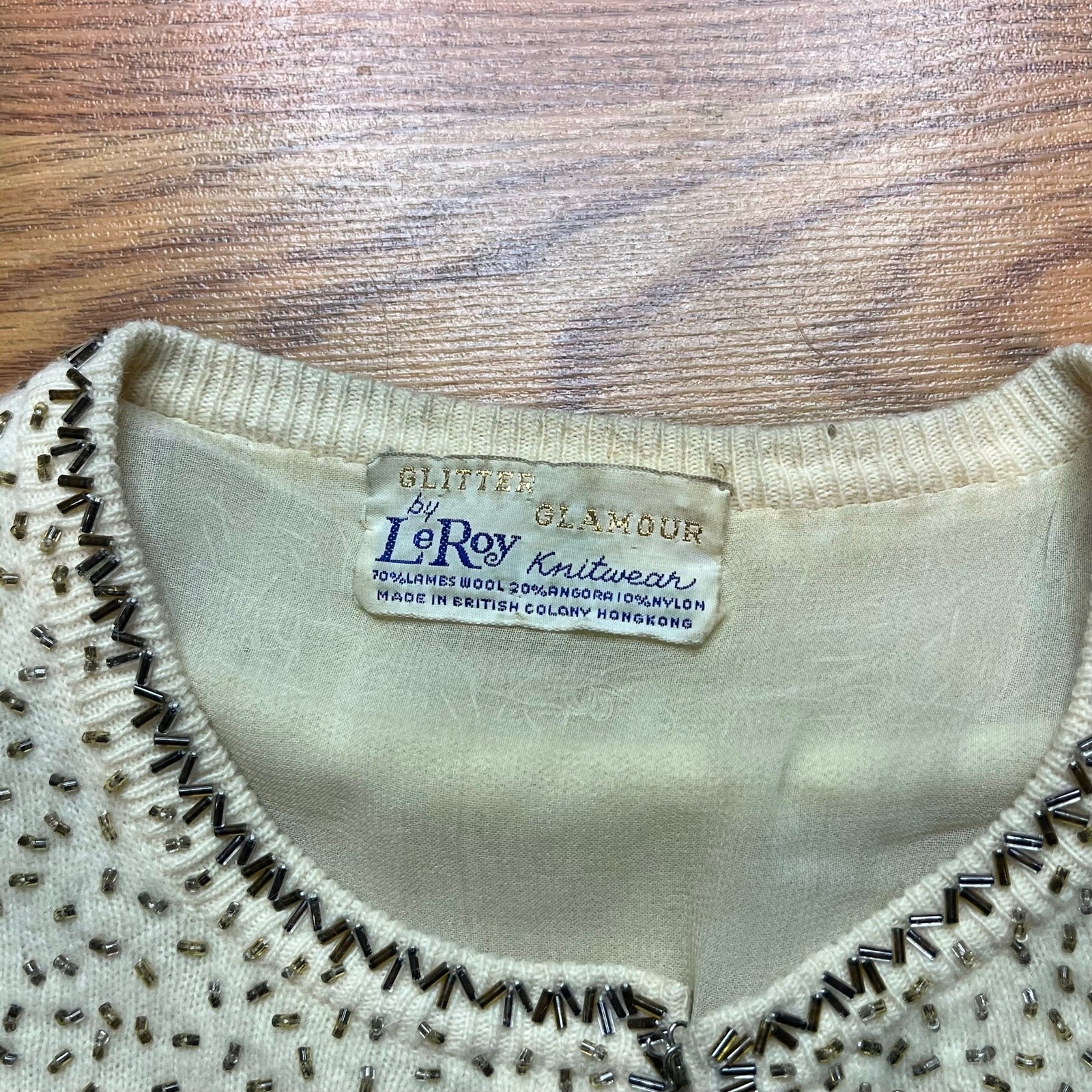 Vintage 1950s LeRoy Knitwear Beaded Floral Wool Cardigan Sweater Women’s M