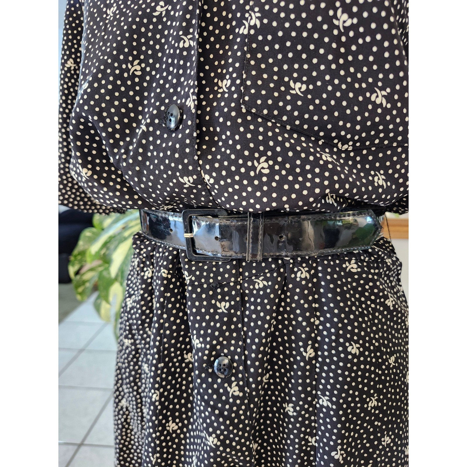Vintage Liz Claiborne Blk Polka Dot Button Front Midi Dress Size 10 Cottagecore