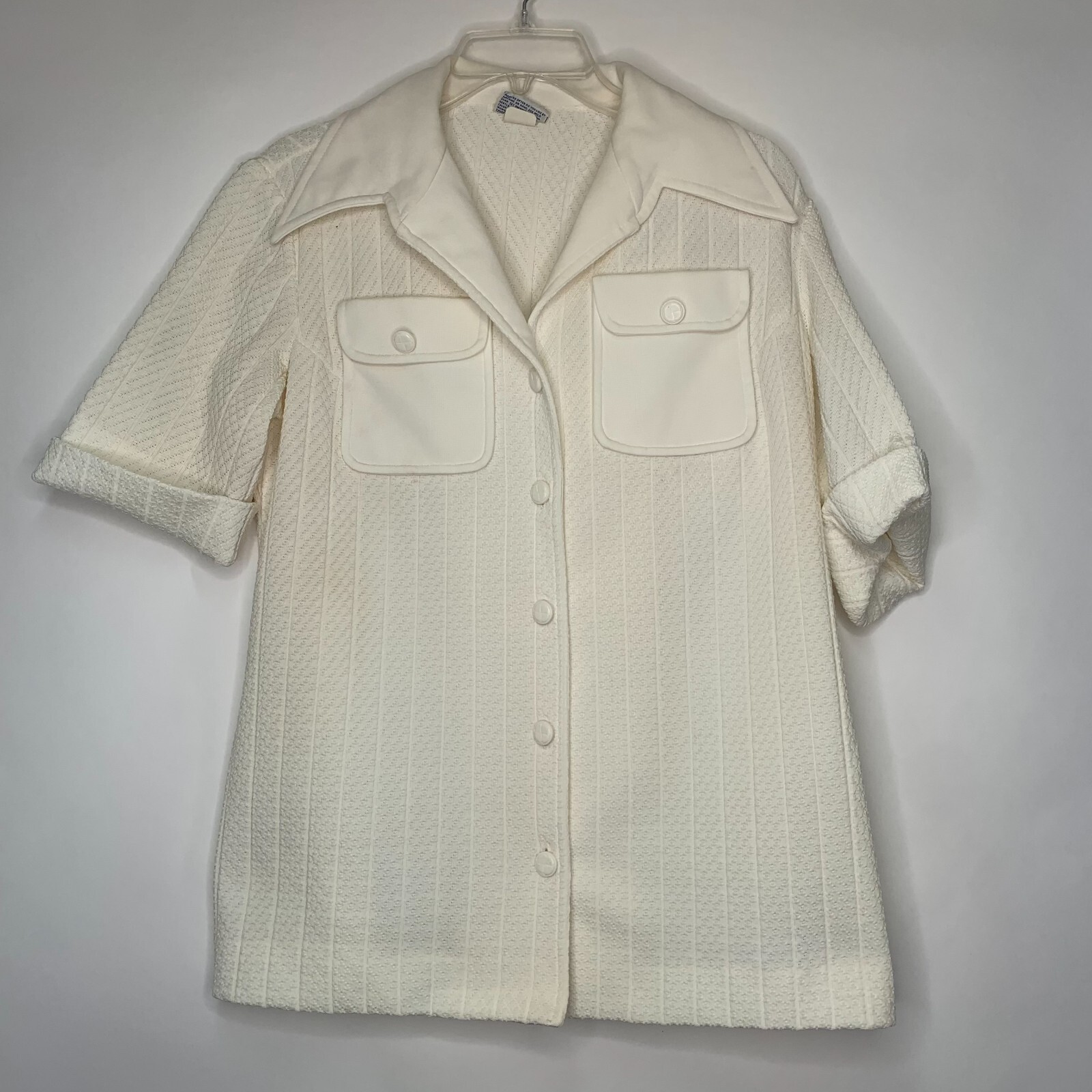 Knits By Magda Womens White Short Sleeves Collared Button Down Pockets