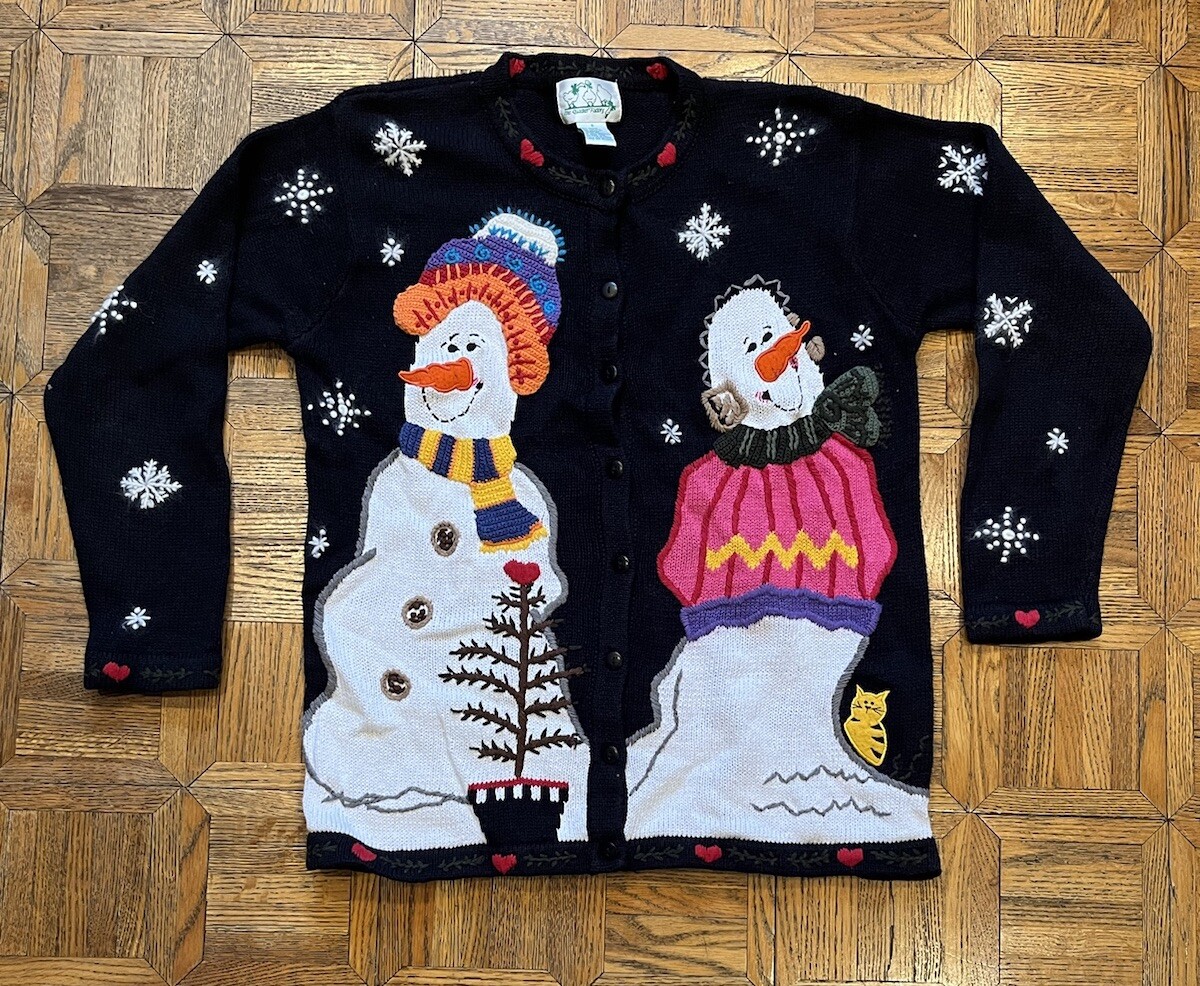 Vintage Quacker Factory S Snowman Peeking Cat Cardigan Sweater Christmas Holiday