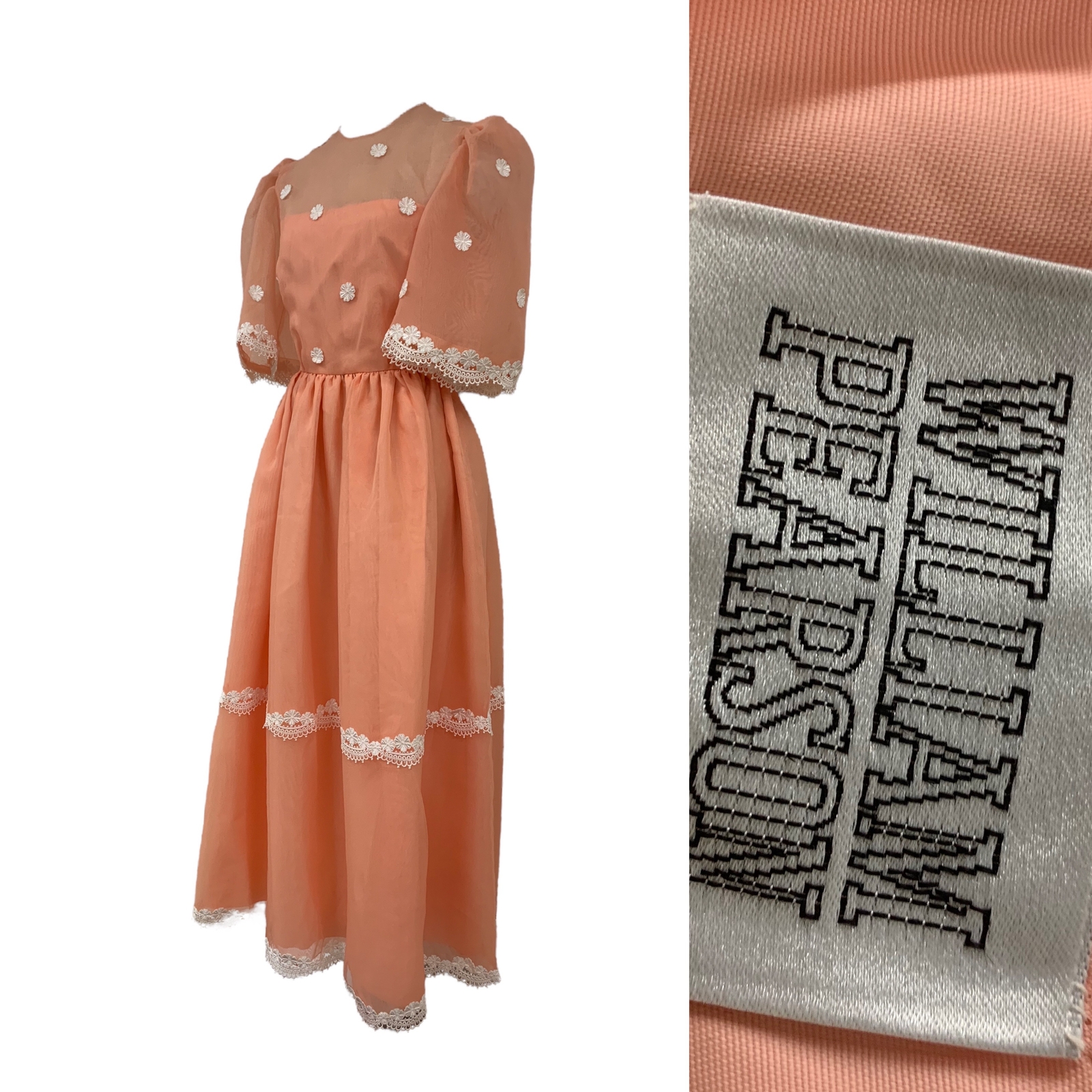 Vtg Vintage 1970s 70s William Pearson Coral Floral Applique Poof Sleeve Gown