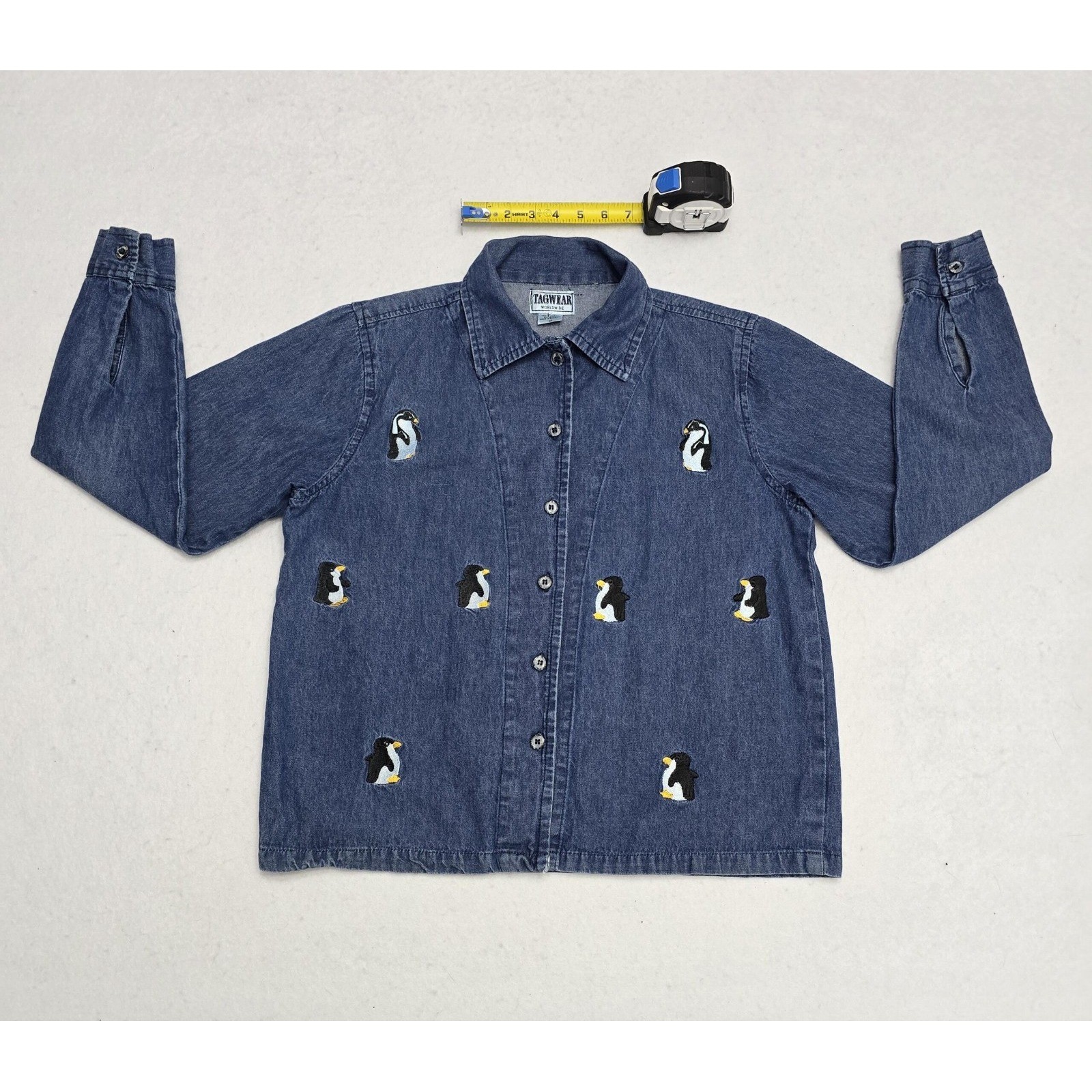 Tagwear Worldwide Vintage Blue Denim Penguin Embroidered Button Down Shirt Med