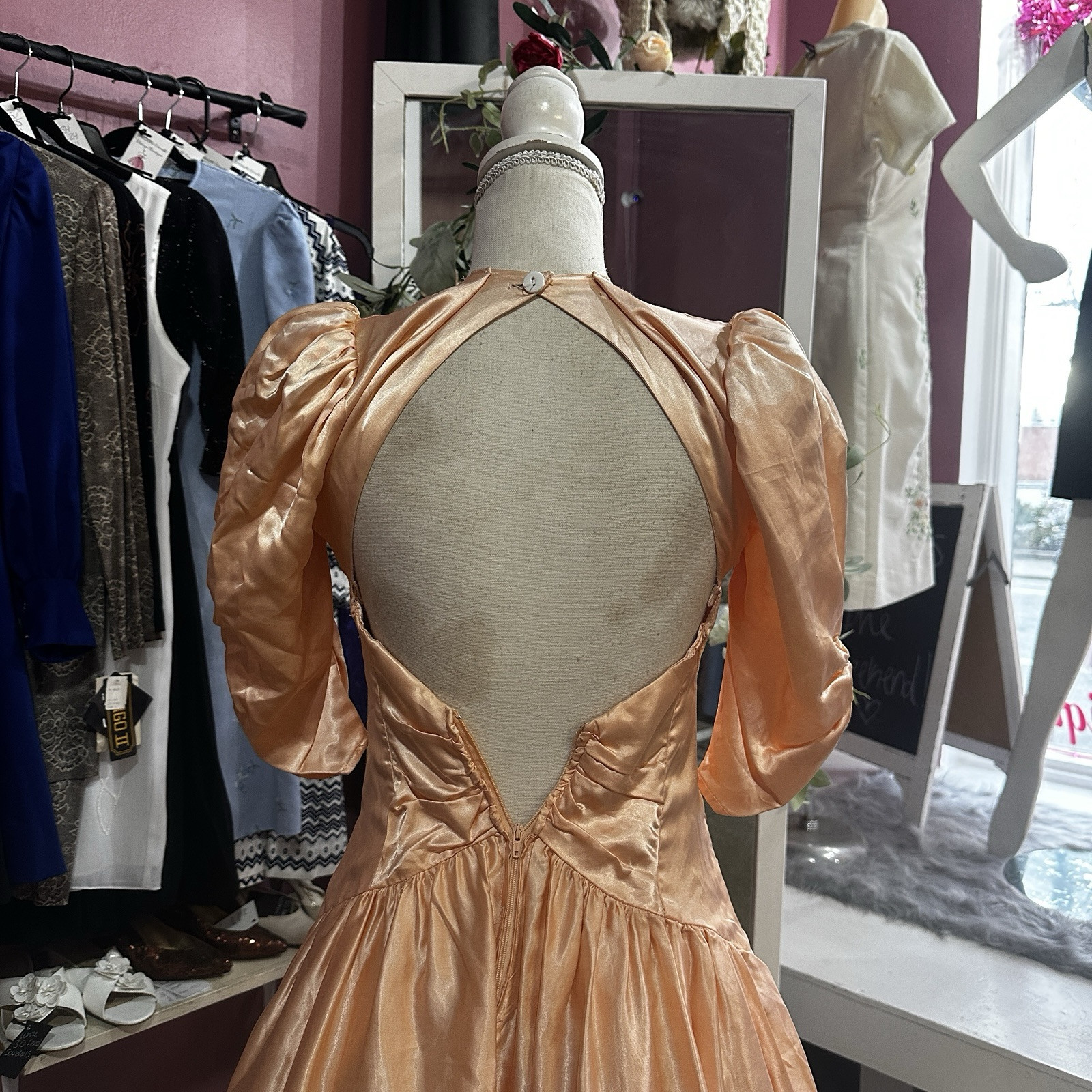 Vintage 80s Does 40s Liquid Satin Prom Party Dress Fit & Flare Peach Pink XS