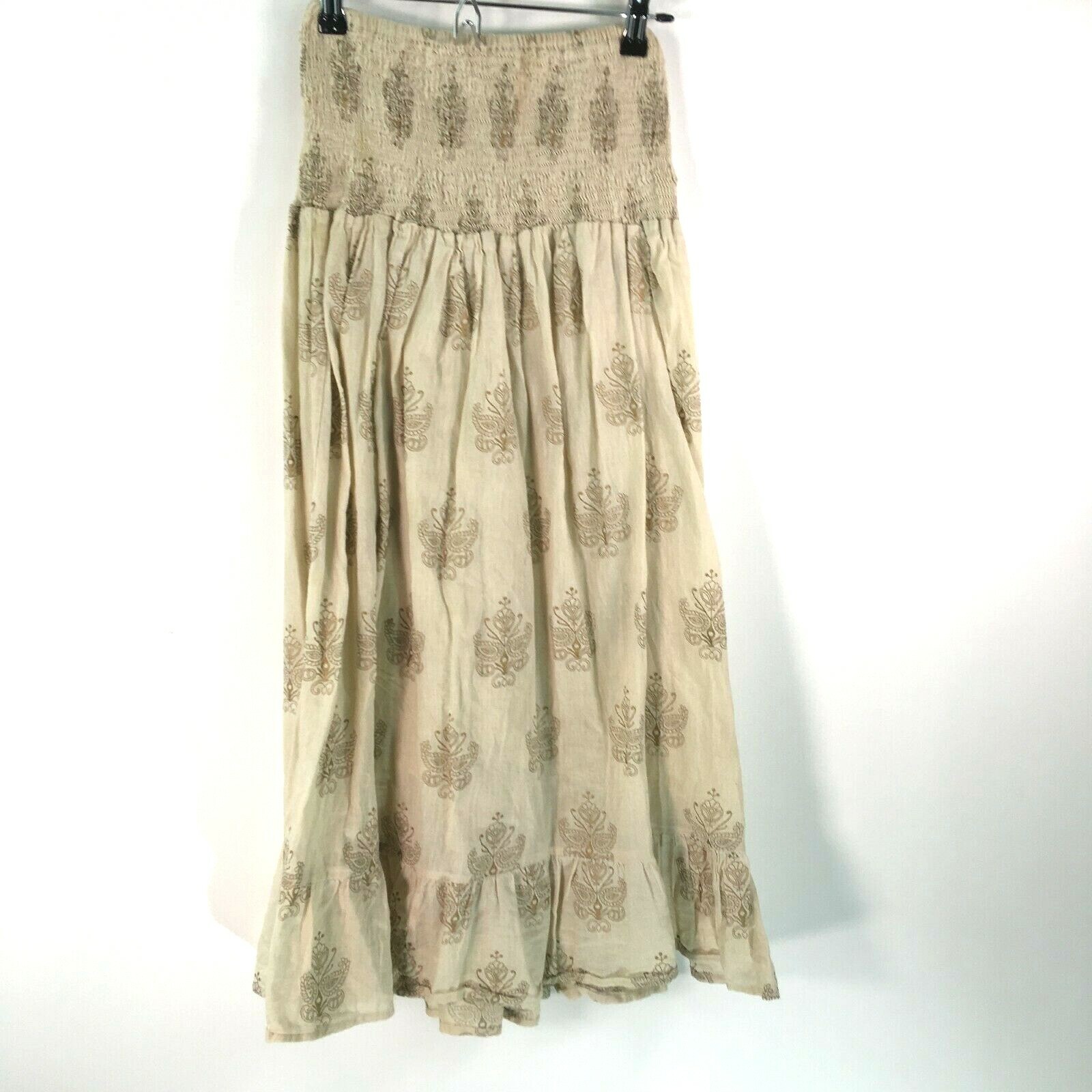 Vintage NB Womens Floral Ruffle Hem Elastic Waist Tan Skirt Adjustable Size