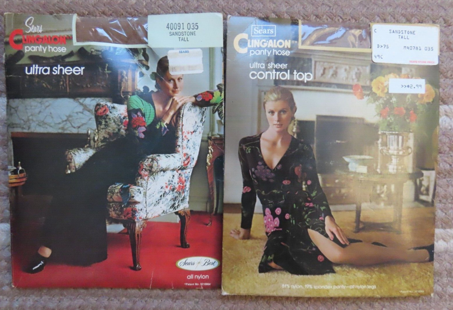 Lot 2 -New Vintage Sears Cling-Alon Ultra Sheer Stockings Sandstone Tall NOS