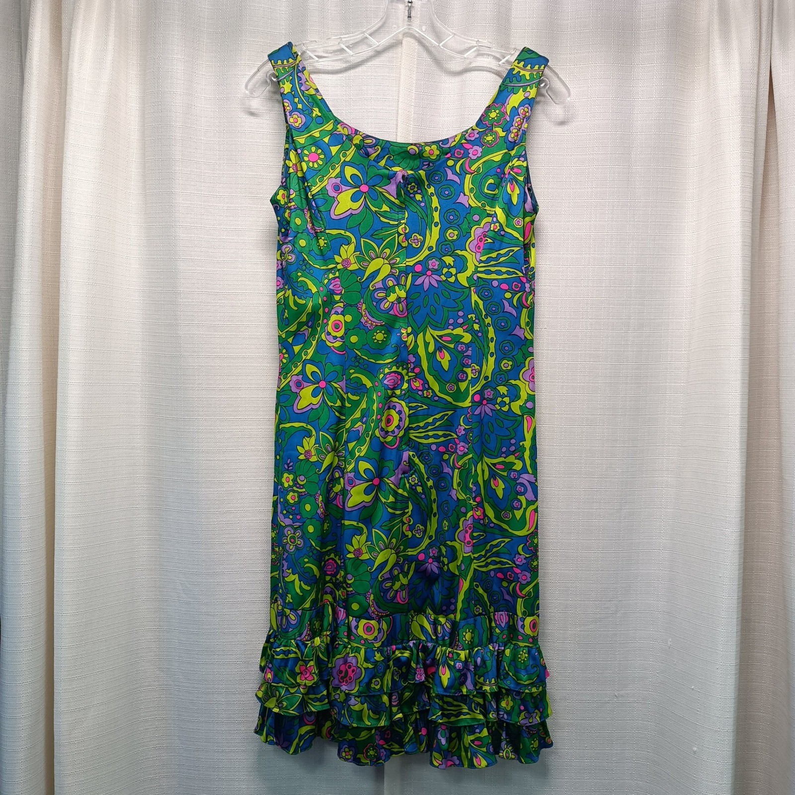 Vtg Serbin of Florida Muriel Ryan Psychedelic Floral Ruffle Hem Dress Womens S