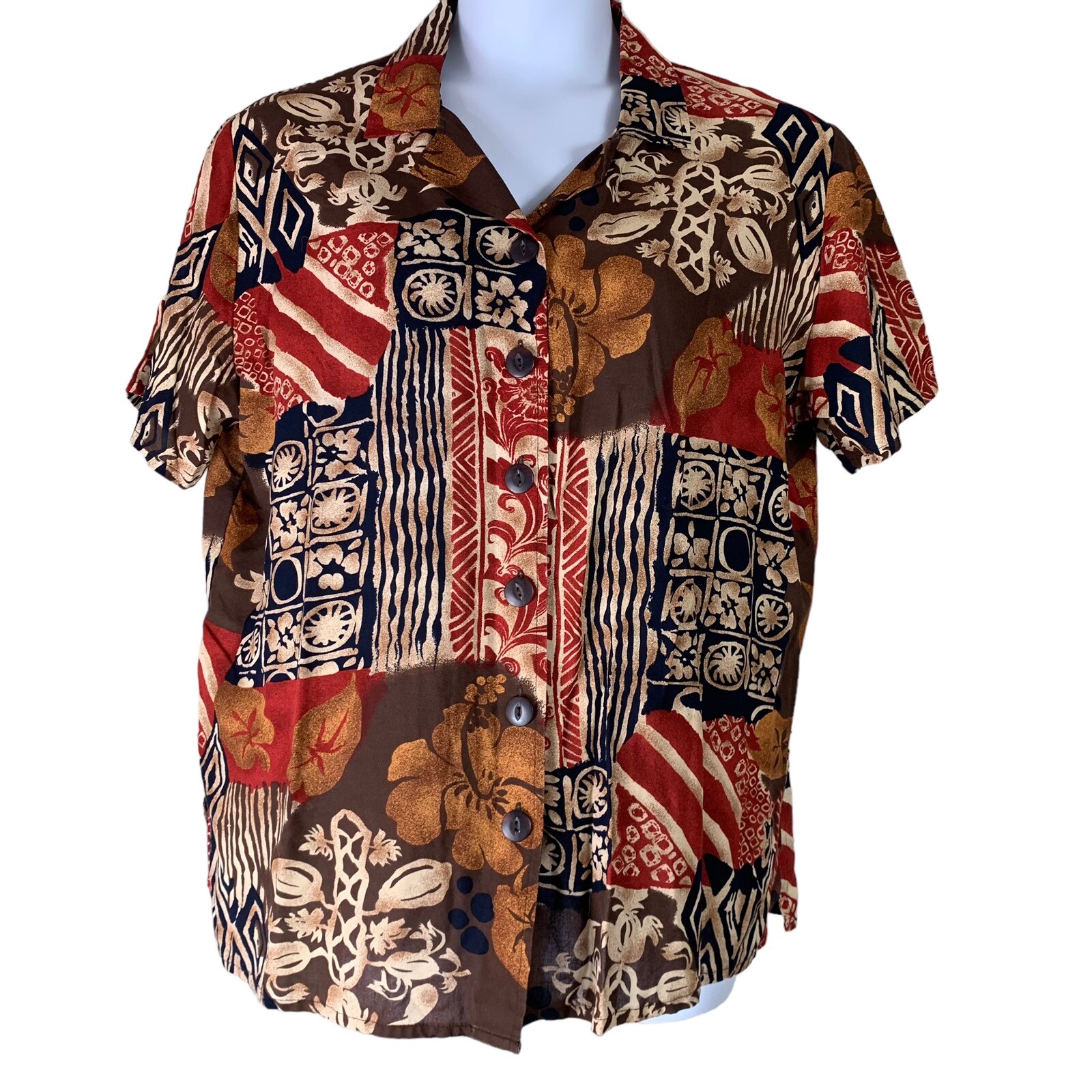 Vintage Button Shirt Size 1X Red Orange Brown Hawaiian Floral Print TR Bentley