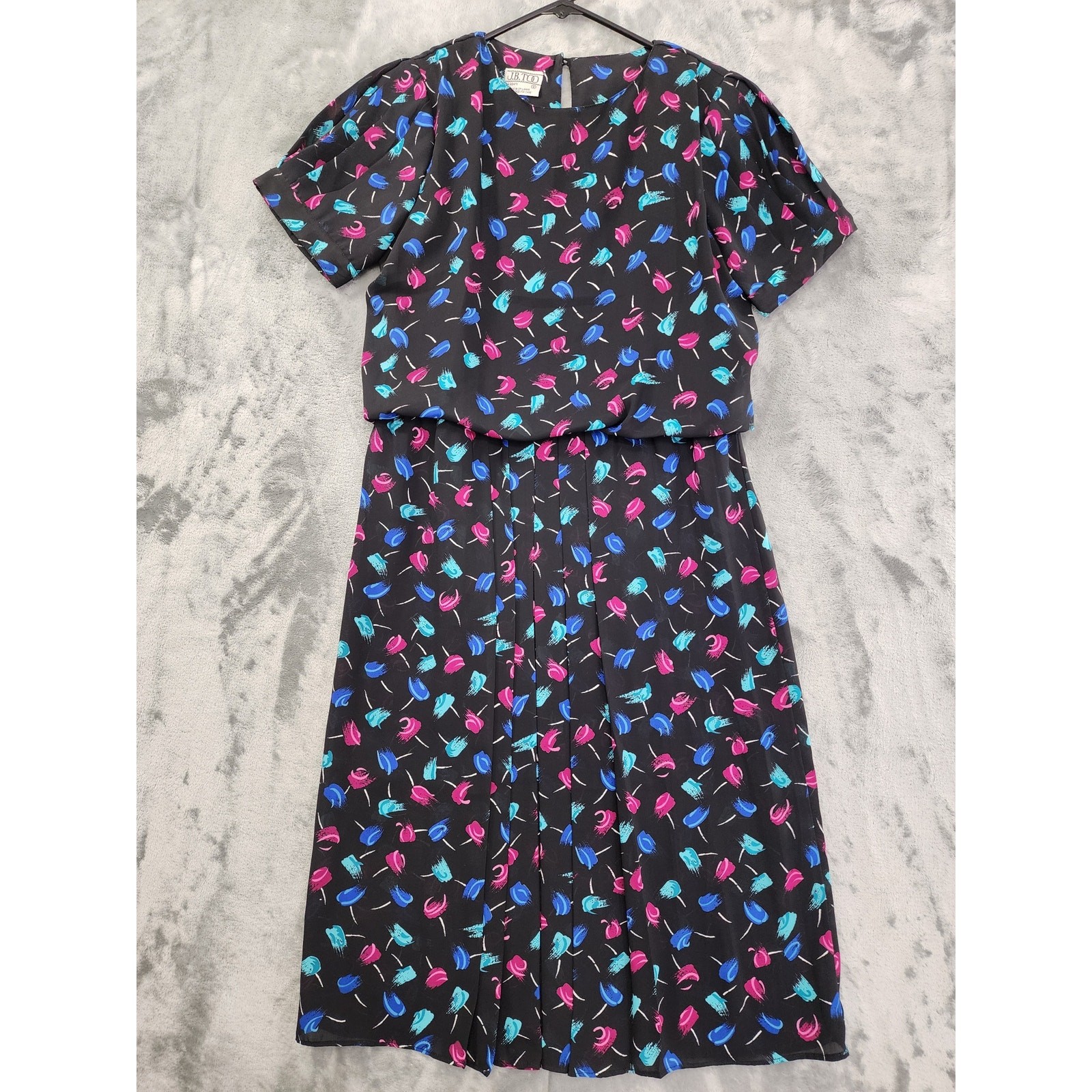 Vintage 80s JB Too Abstract Floral Blouson Pleated Day Dress Size 8 Black Pink