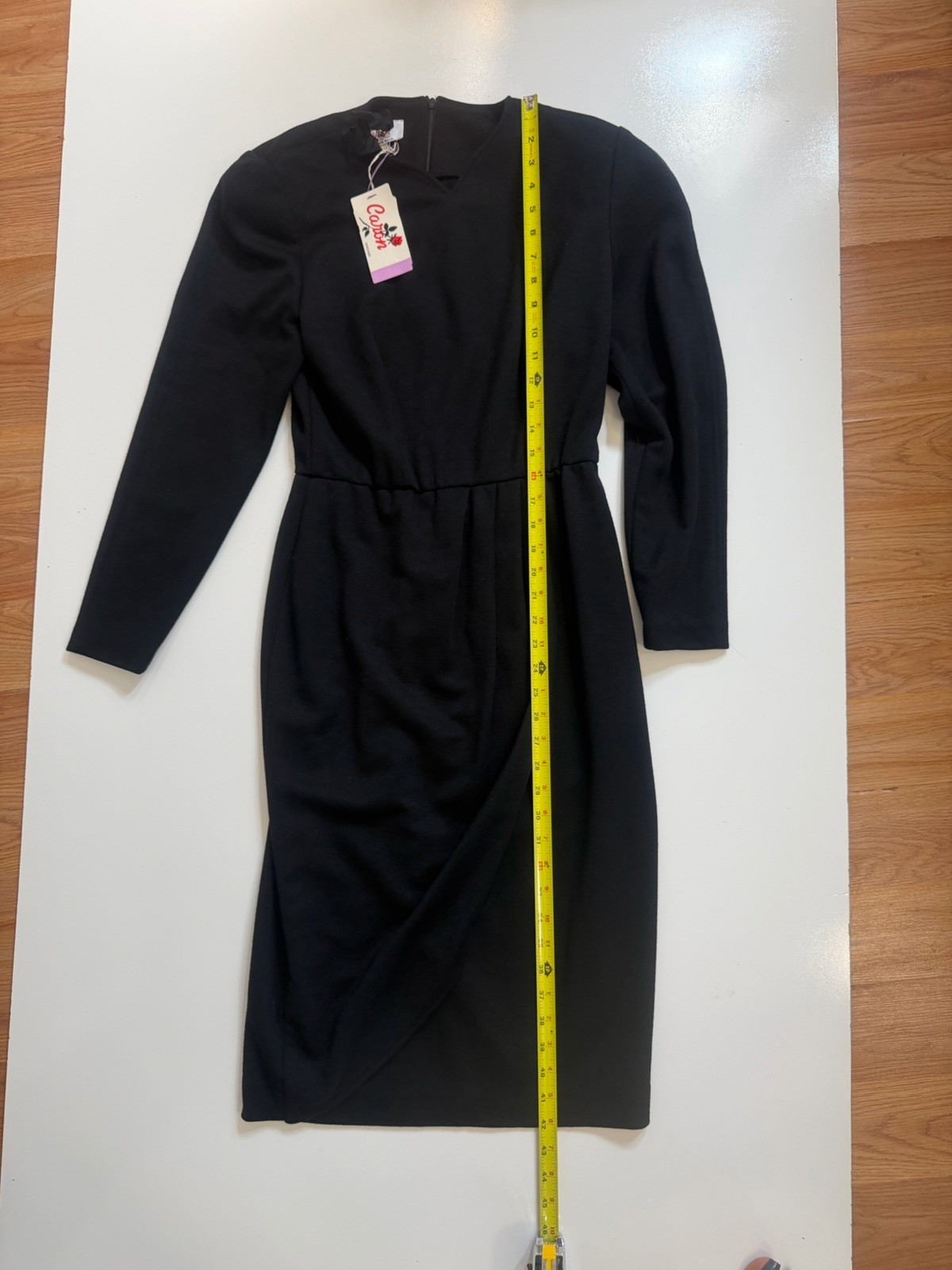 Vintage Caron Chicago Black Draped Sheath Midi Dress Womens 8 Long Sleeve