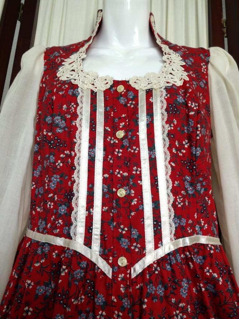 VINTAGE GUNNE SAX BY JESSICA RED CALICO PRINT LACE VOILE TRIM PRAIRIE DRESS S-M