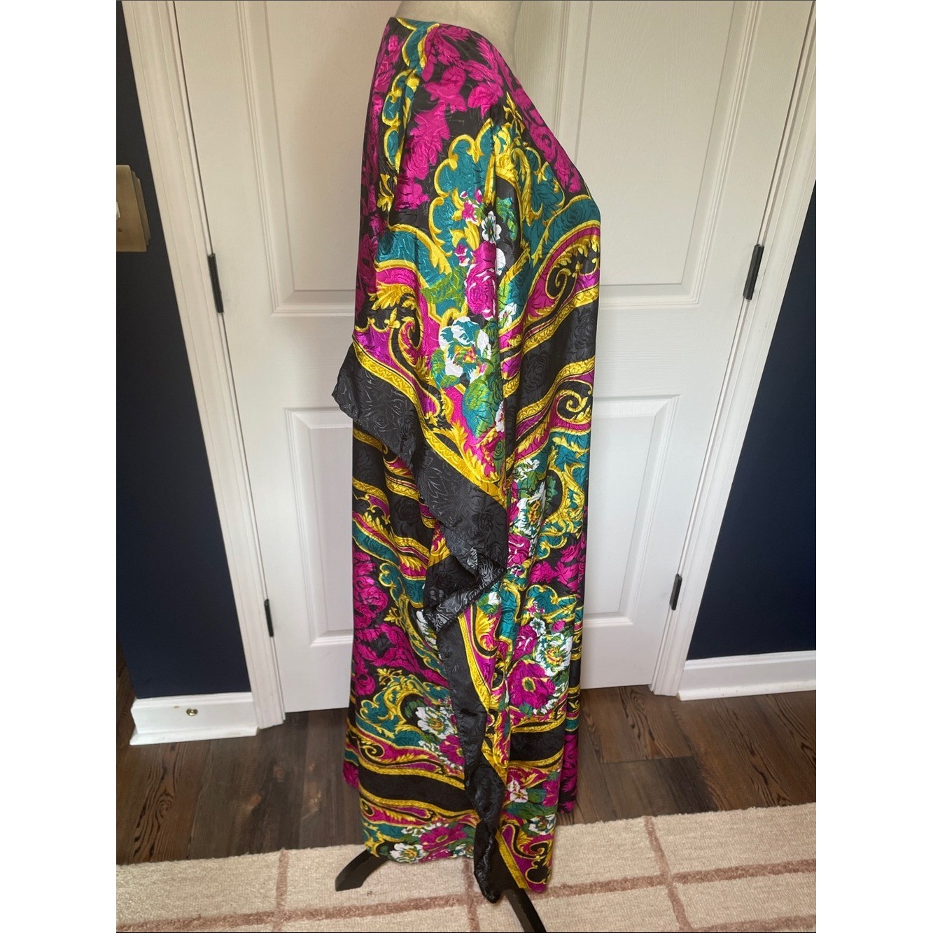 Vintage Exclusively Yours Vibrant Fuchsia & Black Maxi Dress Kaftan Baroque OS