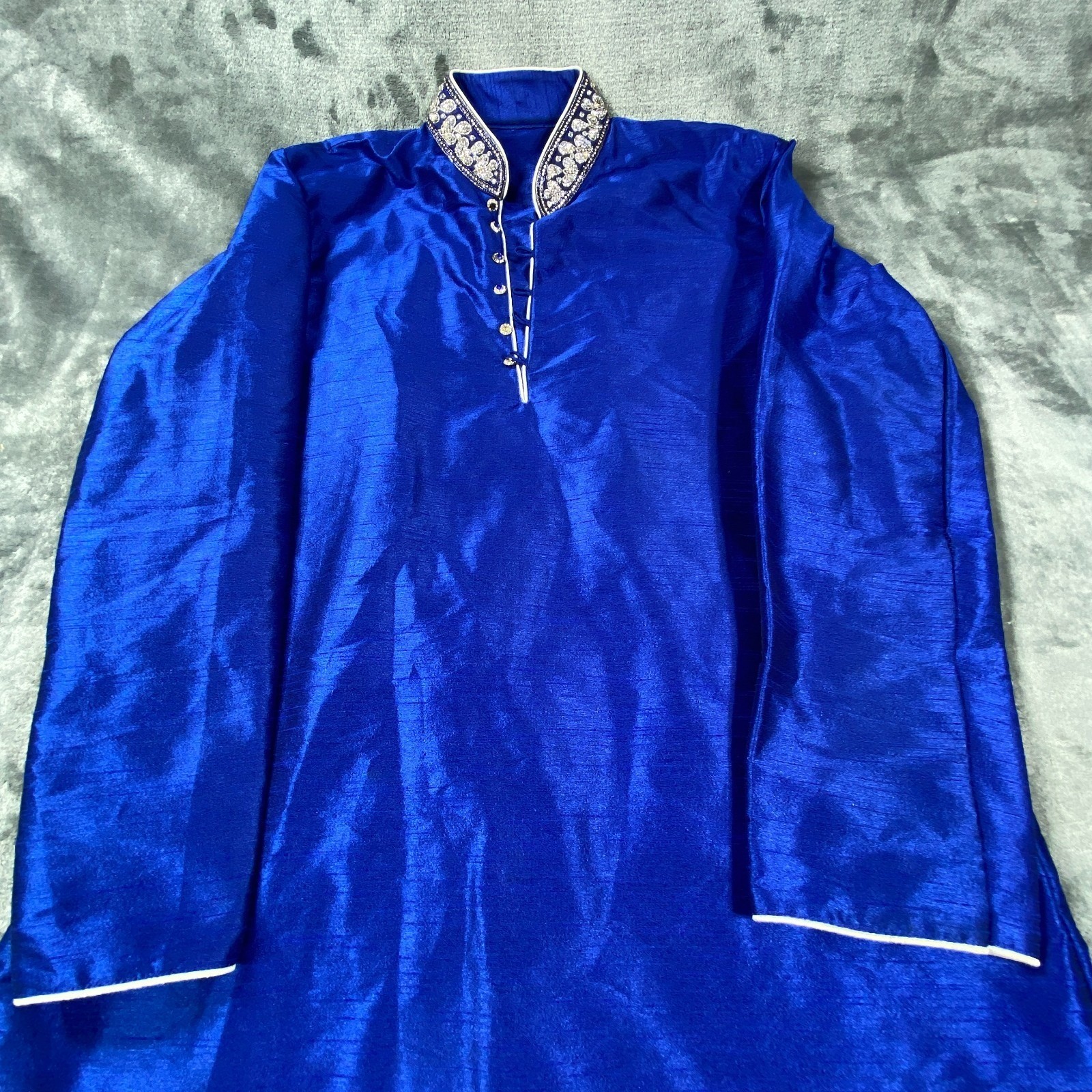 Vintage Royal Blue Embroidered Kaftan Dress Women L Formal Studded Regal Pockets