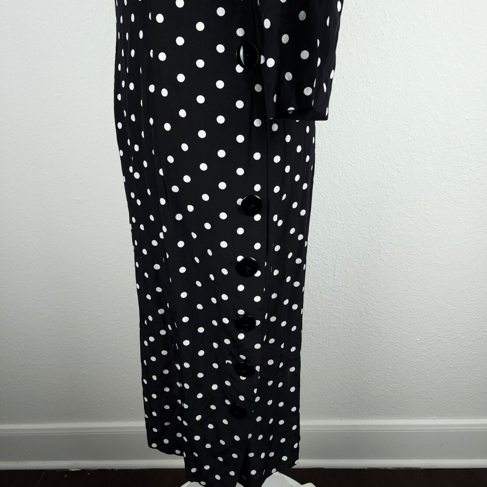 Vintage 80s 1940s DiamondsRun Black White Midi Pencil Dress Long Sleeve PolkaDot