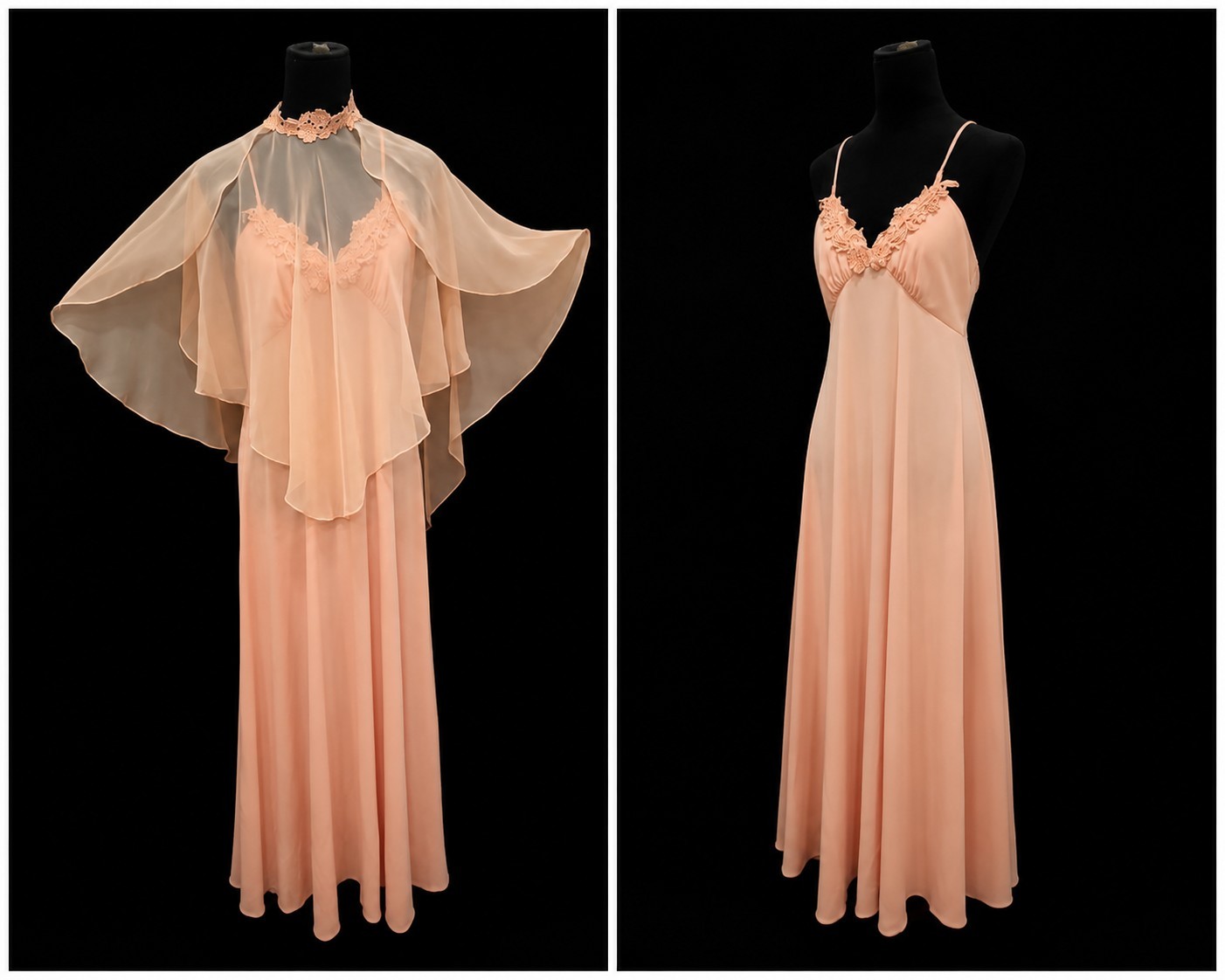 Vintage’70s Evening Bohemian/Peach Chiffon Cape Sleeves Lace Trim Dress