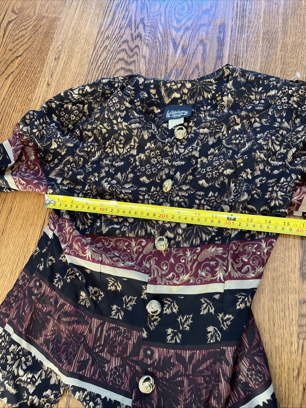 Vintage 1970s Black Floral Boho Puff Sleeve Skirt Set Peasant Gold Buttons Sz 8p