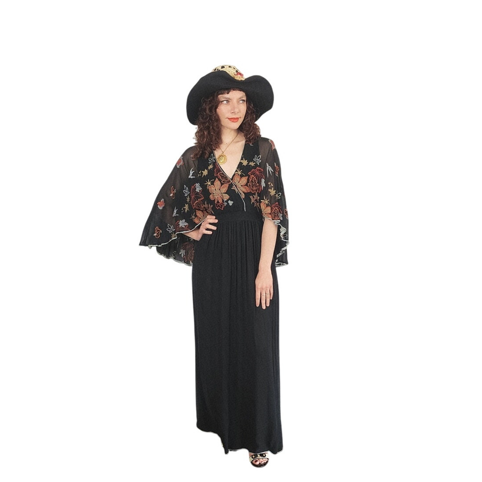 Vintage 1970s Janice Wainwright Maxi Dress Embroidered Butterfly Sleeves Capelet