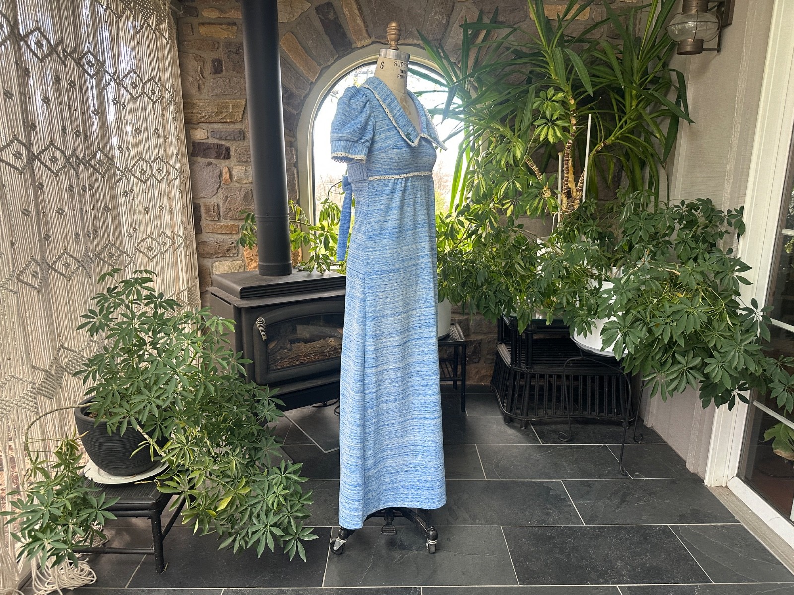 Vintage 1970s Blue and White Variegated Knit and Lace Baby Doll Maxi Dress