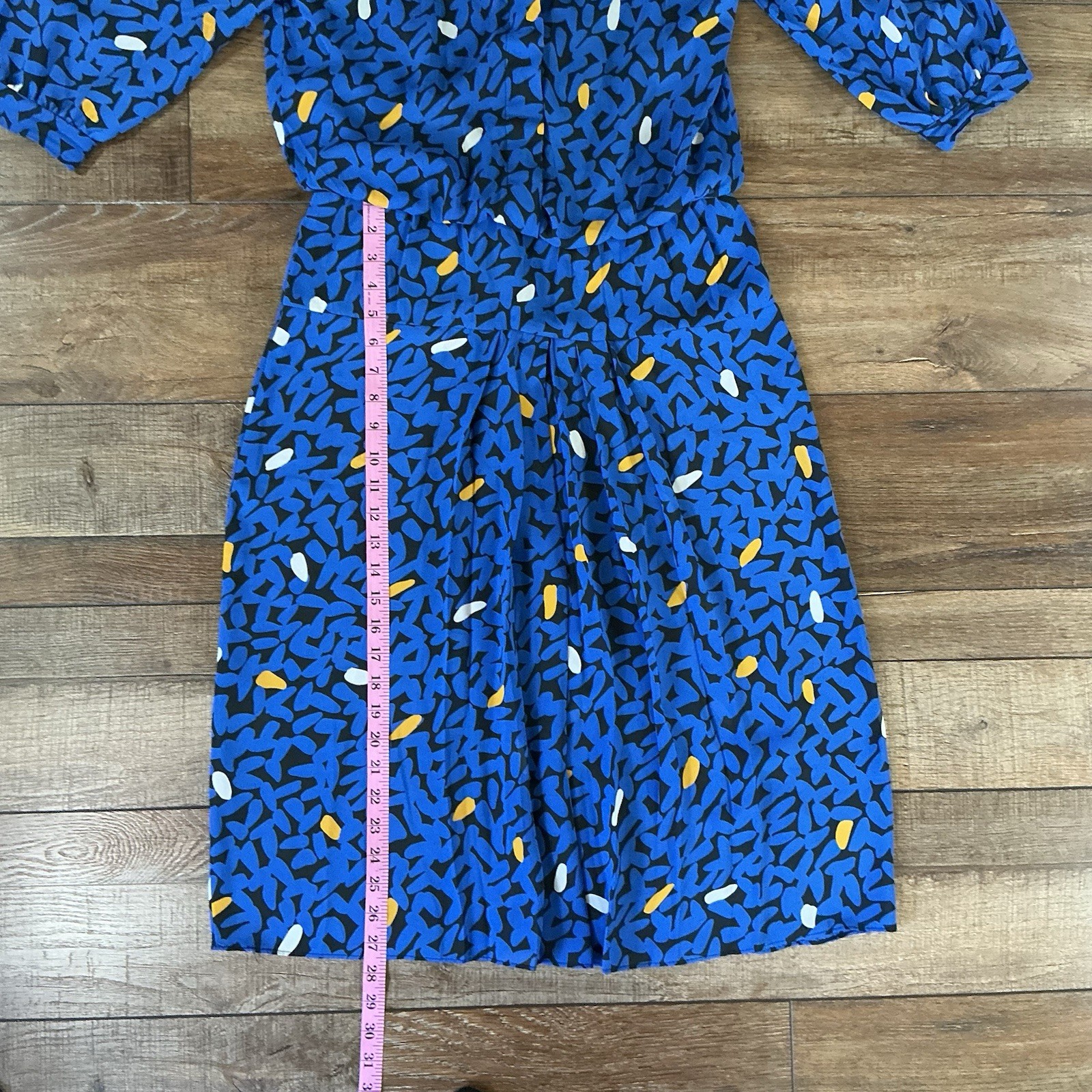 80s VTG Dawn Joy Fashions Dress Sz M Blue Abstract Print Peter Pan Collar 401014