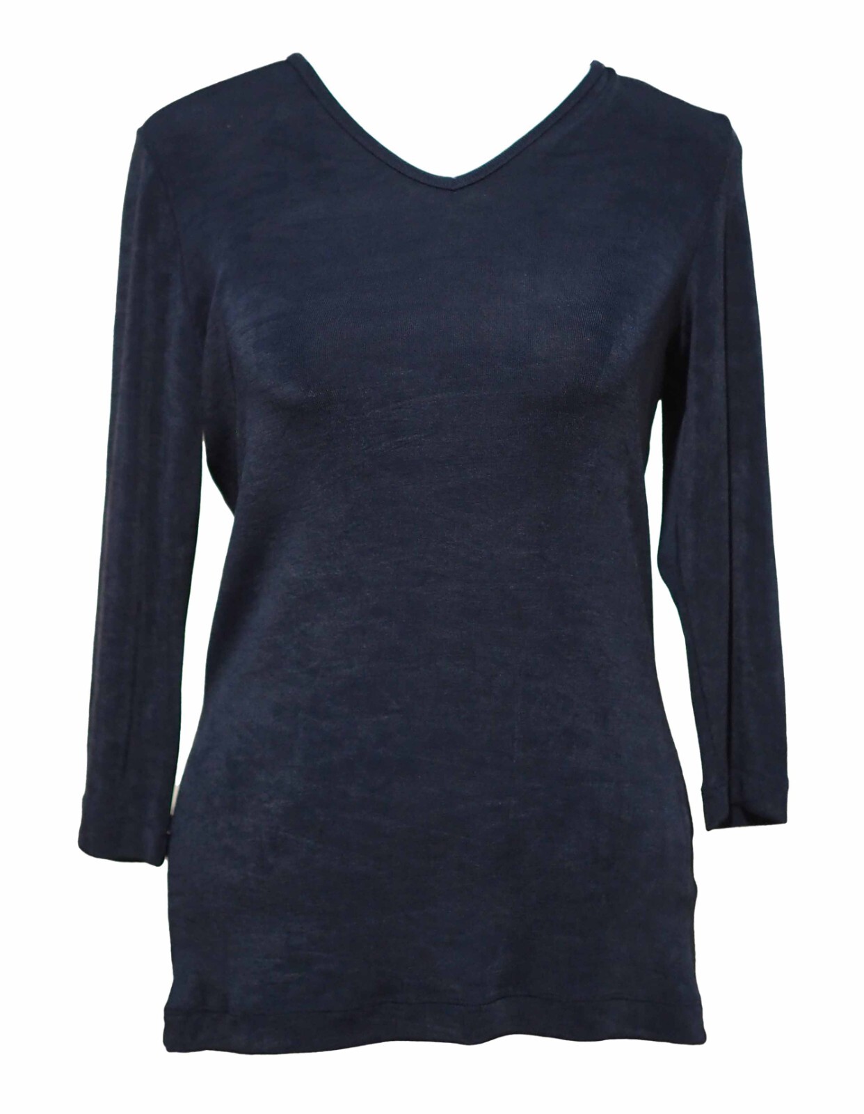 Vintage 90s BCBG Paris L Top Navy Blue 3/4 Sleeve Acetate Stretch Slinky Sheen