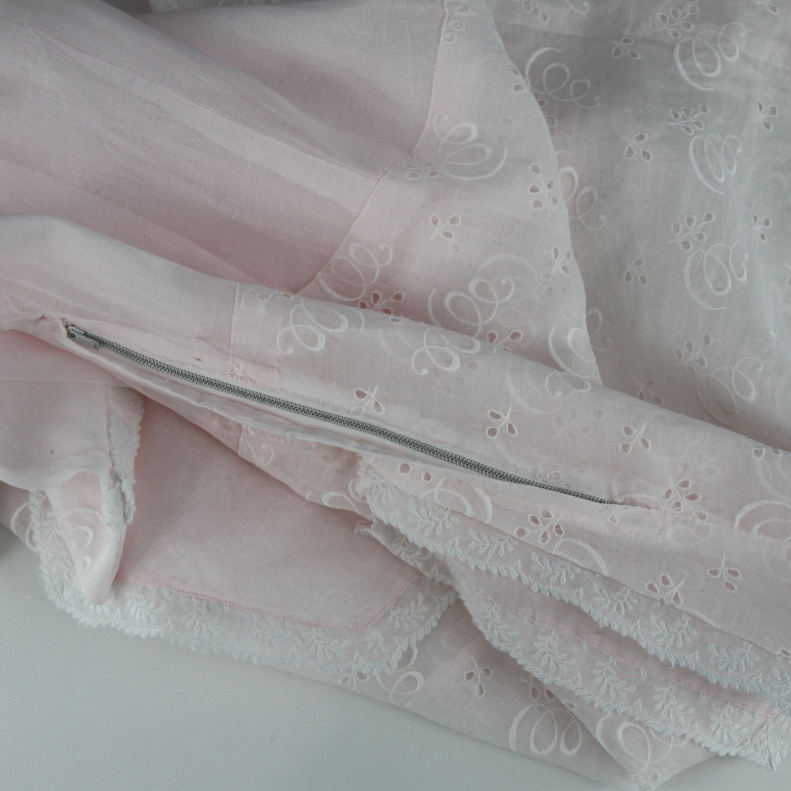 Vintage 1940s-50s Pink Organdy Embroidered Dress Lace Trim Hand Sewn Hem