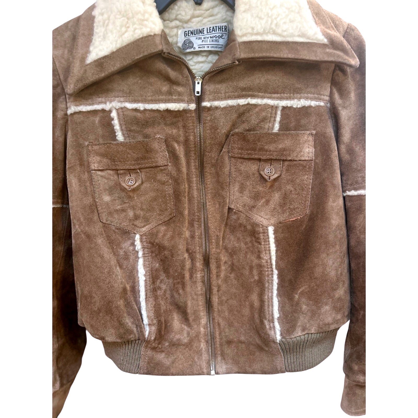 Vintage Uruguay Suede Leather Wool Shearling Bomber Jacket Brown Womens 11/12