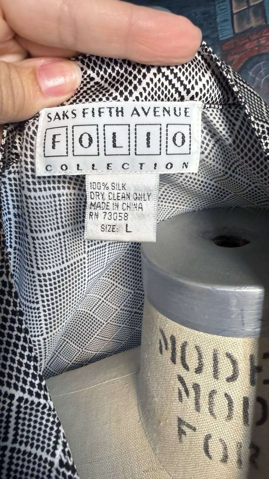 Saks Fifth Ave Folio Collection Silk Long-Sleeve Houndstooth Blouse Sz L
