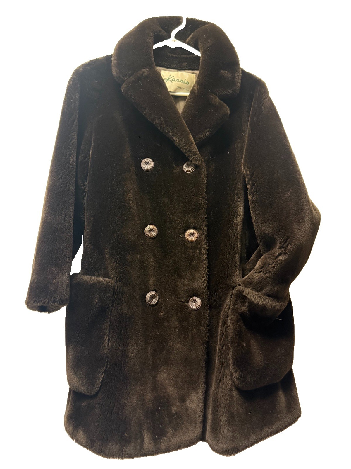 70s Borgana Sportowne Faux Fur Double Breasted Trench Coat USA teddy bear VTG