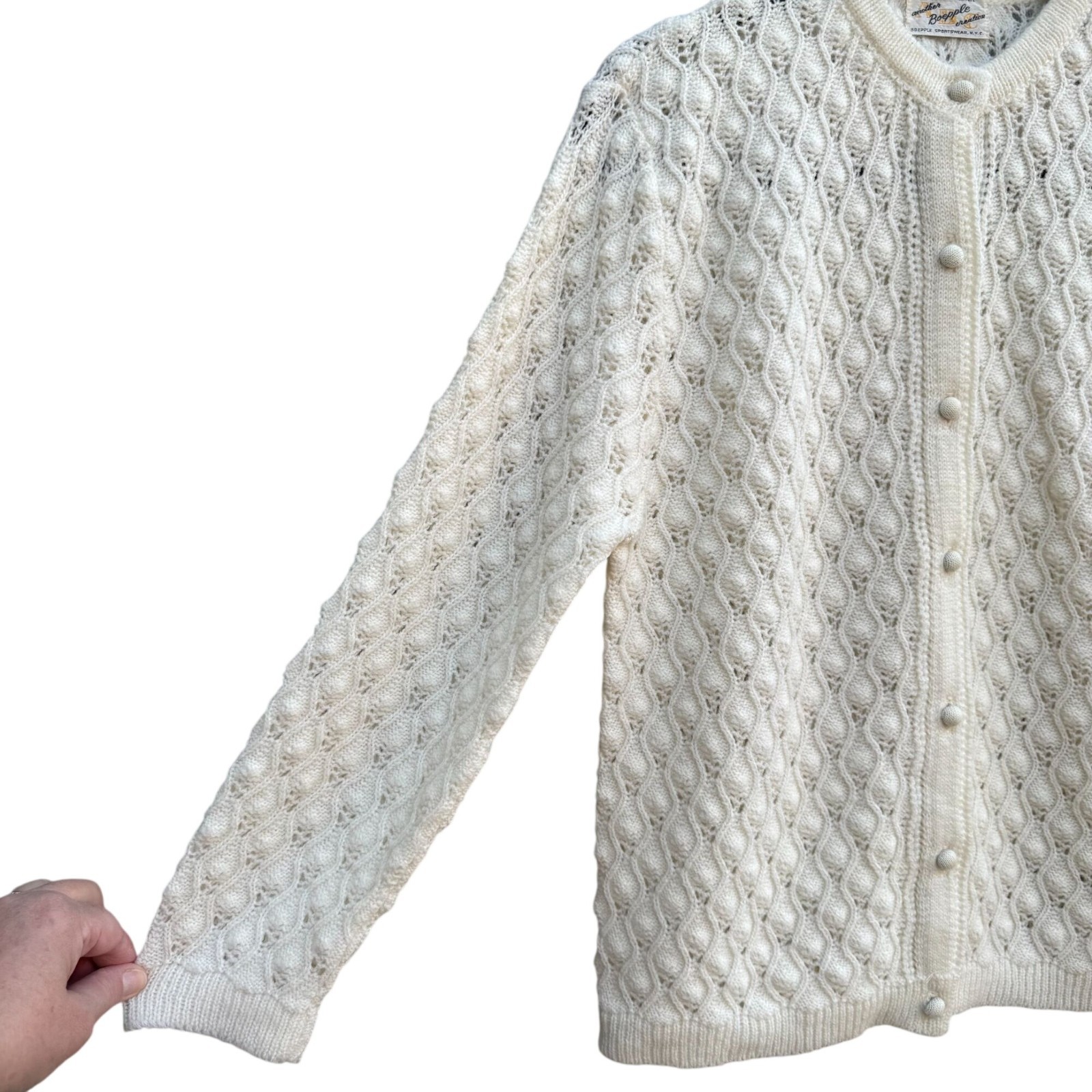 Boepple Sportswear NYC Vintage 60s 70s White Cable Knit Granny Cardigan Sweater
