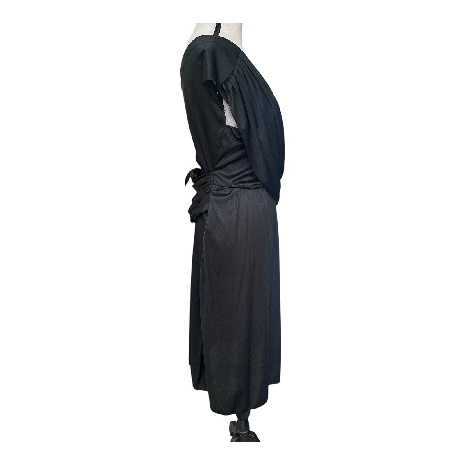 Vintage 80s Glenrob Black Sequin Lace Drape Cocktail Party Midi Dress