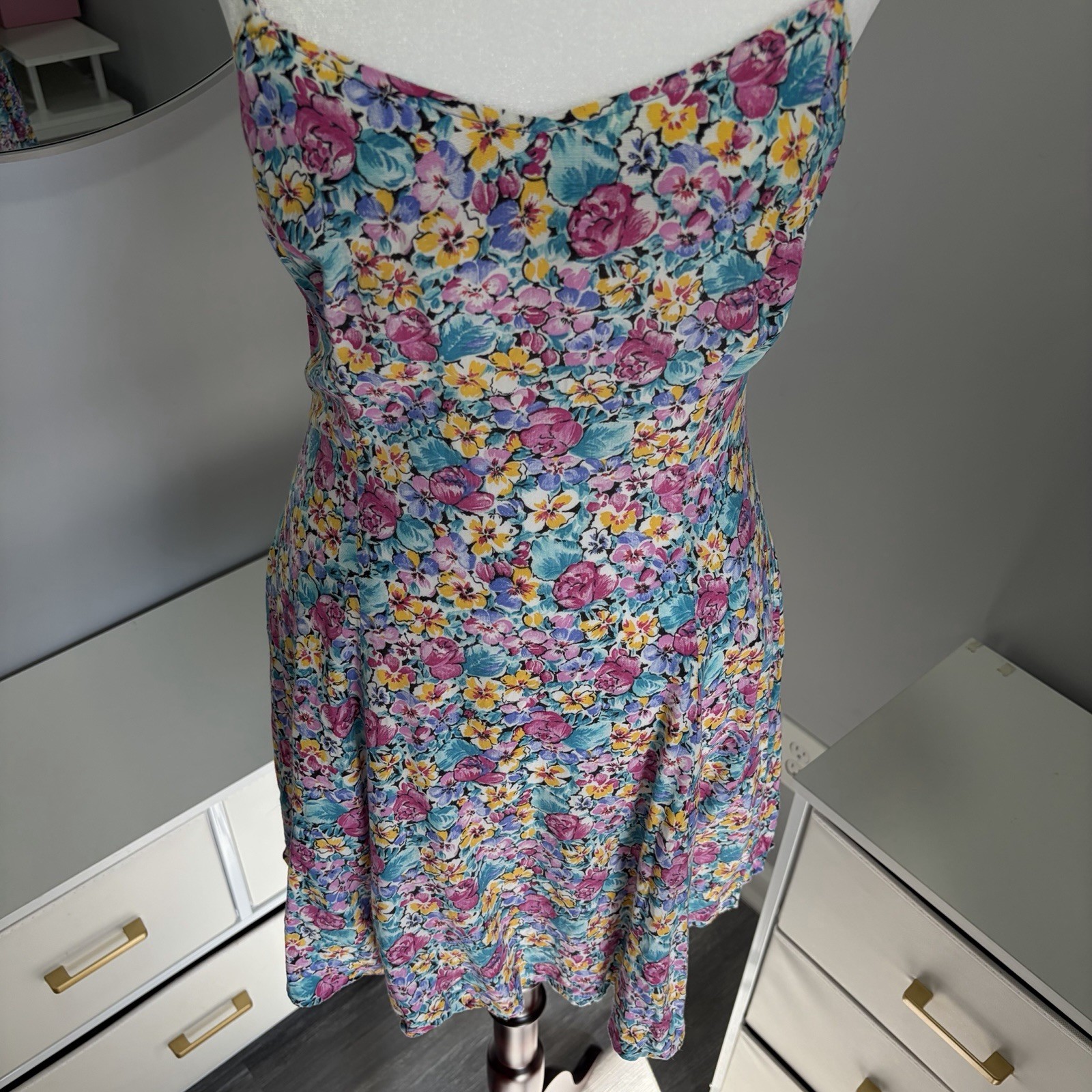 Vintage 90s Shok Floral Mini Dress Size 9 Cottagecore Sundress Summer USA Made