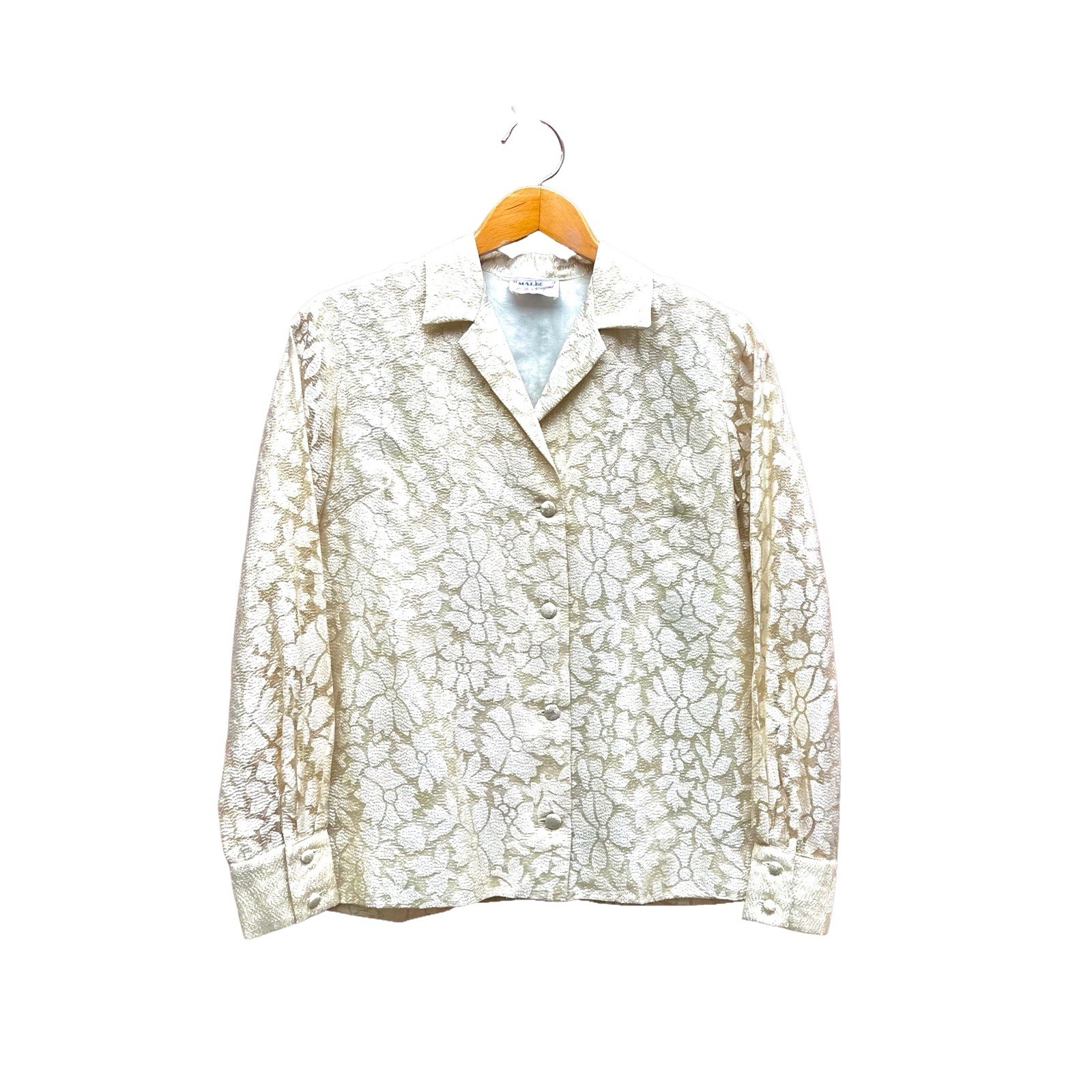 Vintage Malbe Original Lace Blouse Cream Gold Metallic Accent Sz 11 12 RN 10609