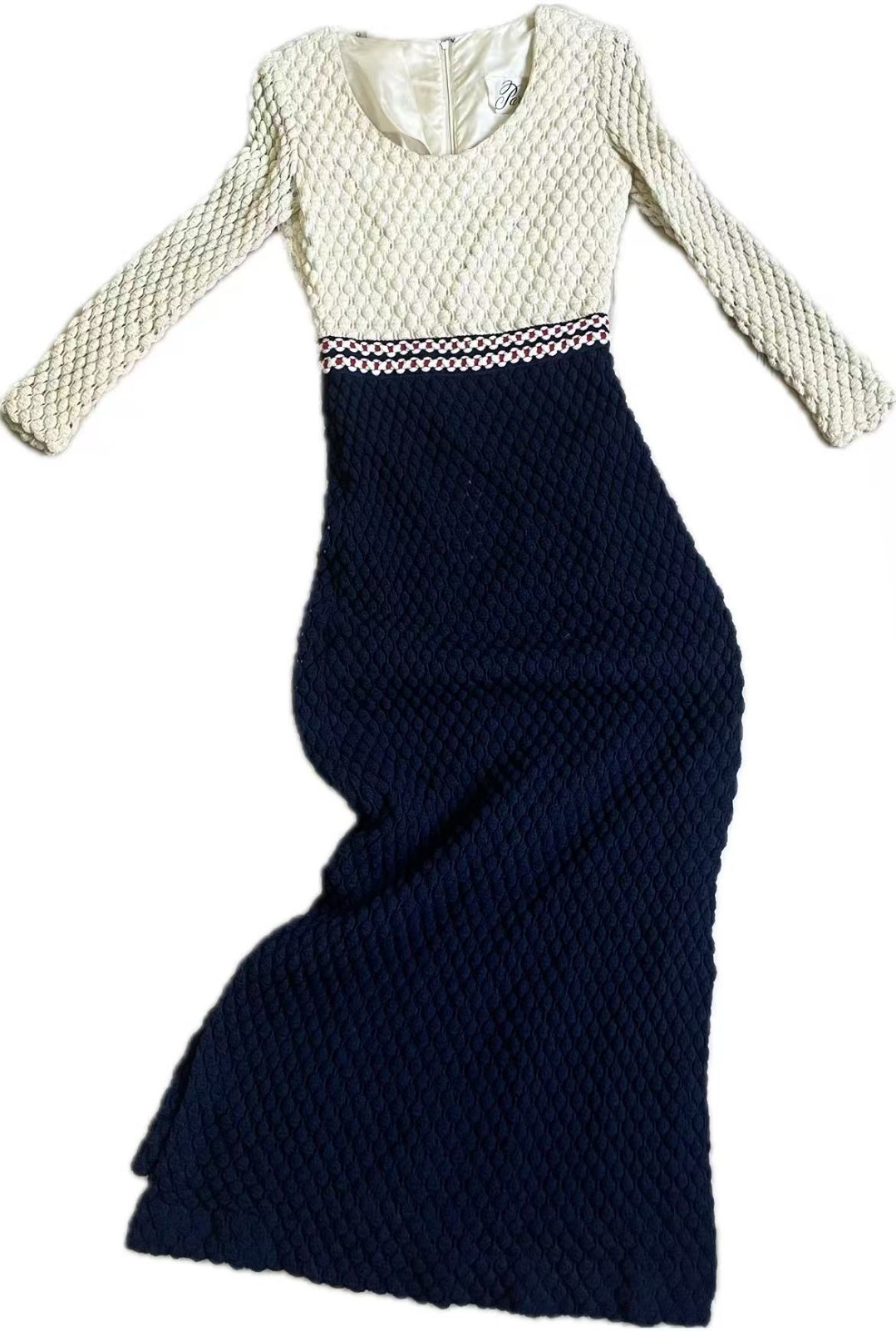 VTG 70’s Boho Cream & Navy Blue Long Sleeve Bubble Knit Maxi Floor Length Dress