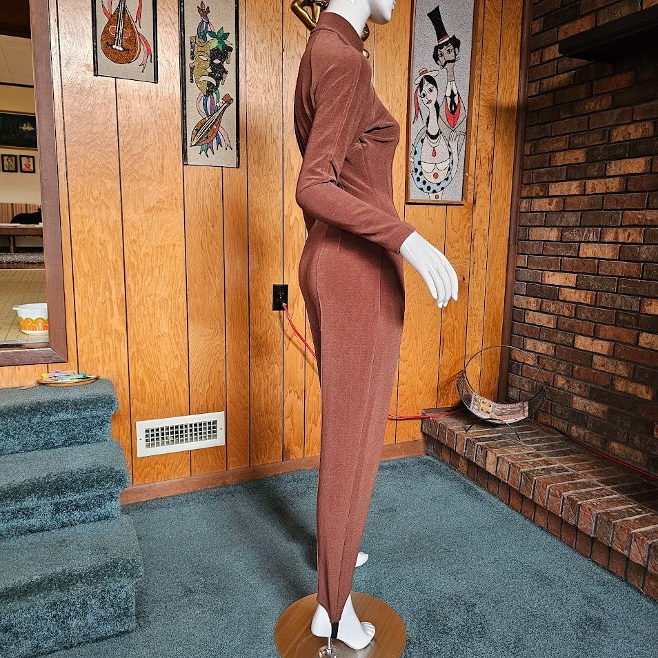 Vtg 80s Urban Ski Bunny Corset Seams Catsuit Slinky Stirrup Pants Jumpsuit S/M