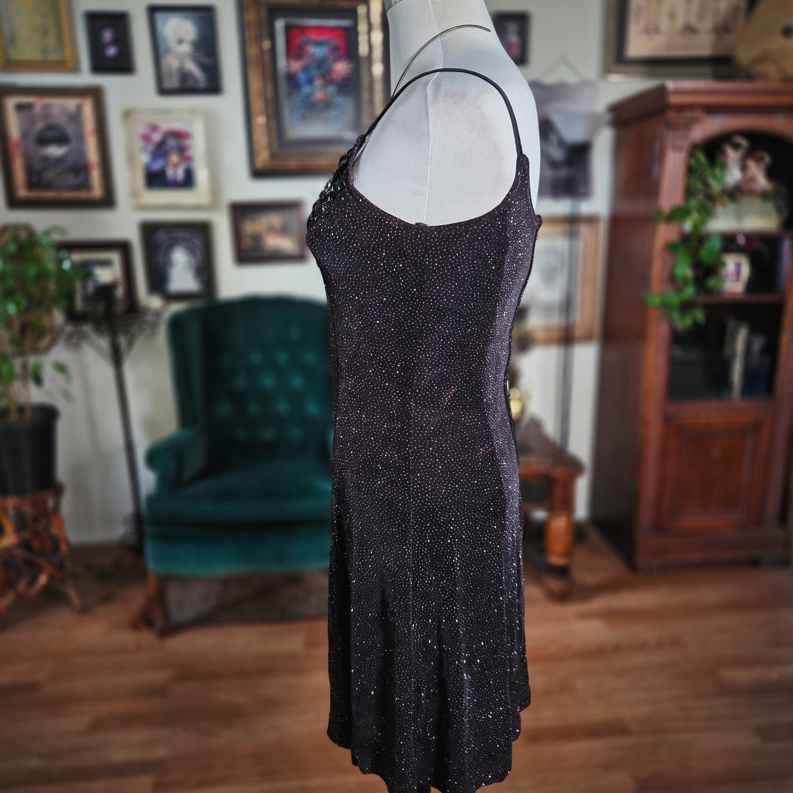 Vintage 90s Bari Jay Black Sequin Beaded Glitter Cocktail Mini Dress